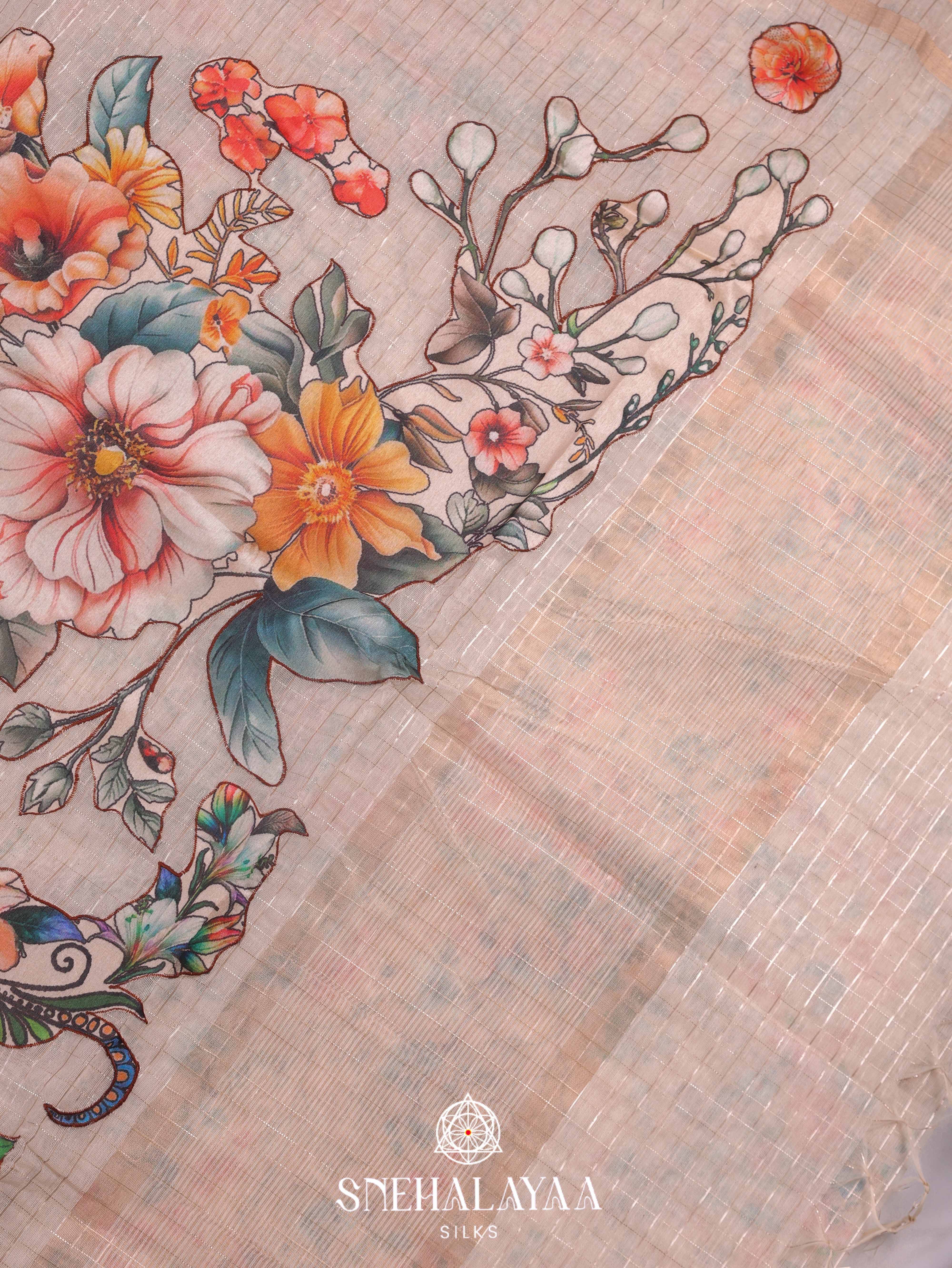 Off White Linen Embroidery Saree