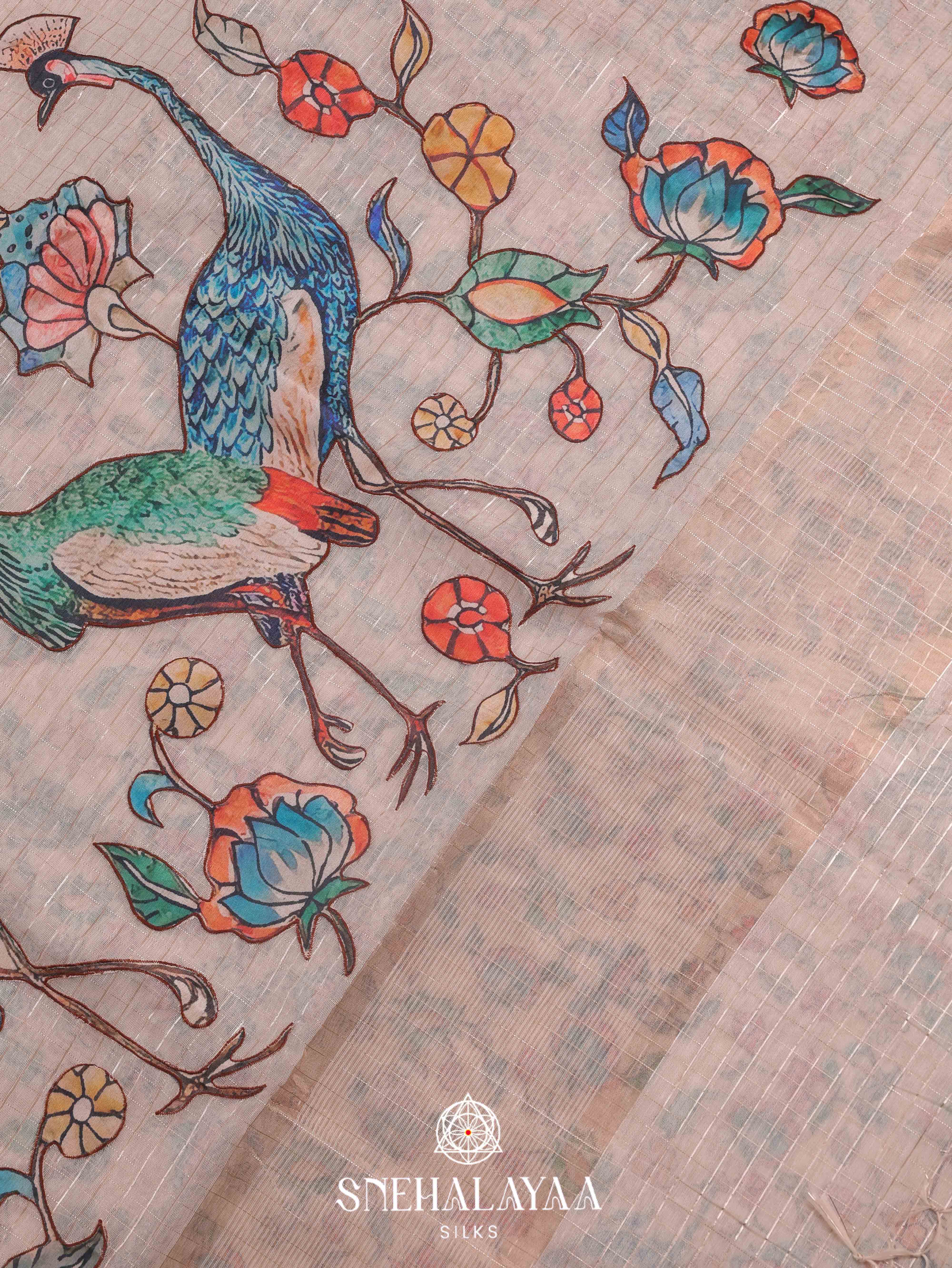 Peach Linen Embroidery Saree