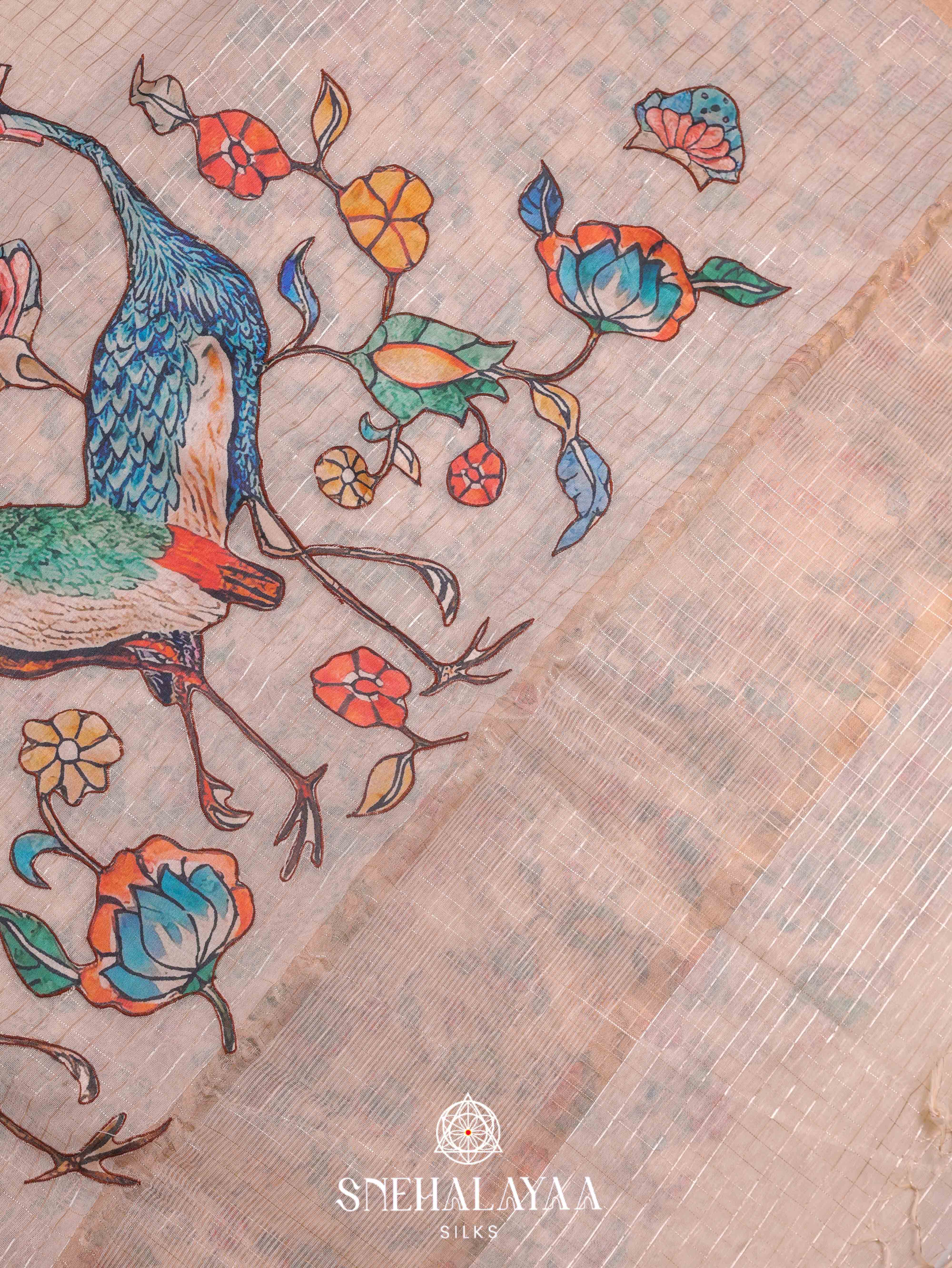 Peach Linen Embroidery Saree