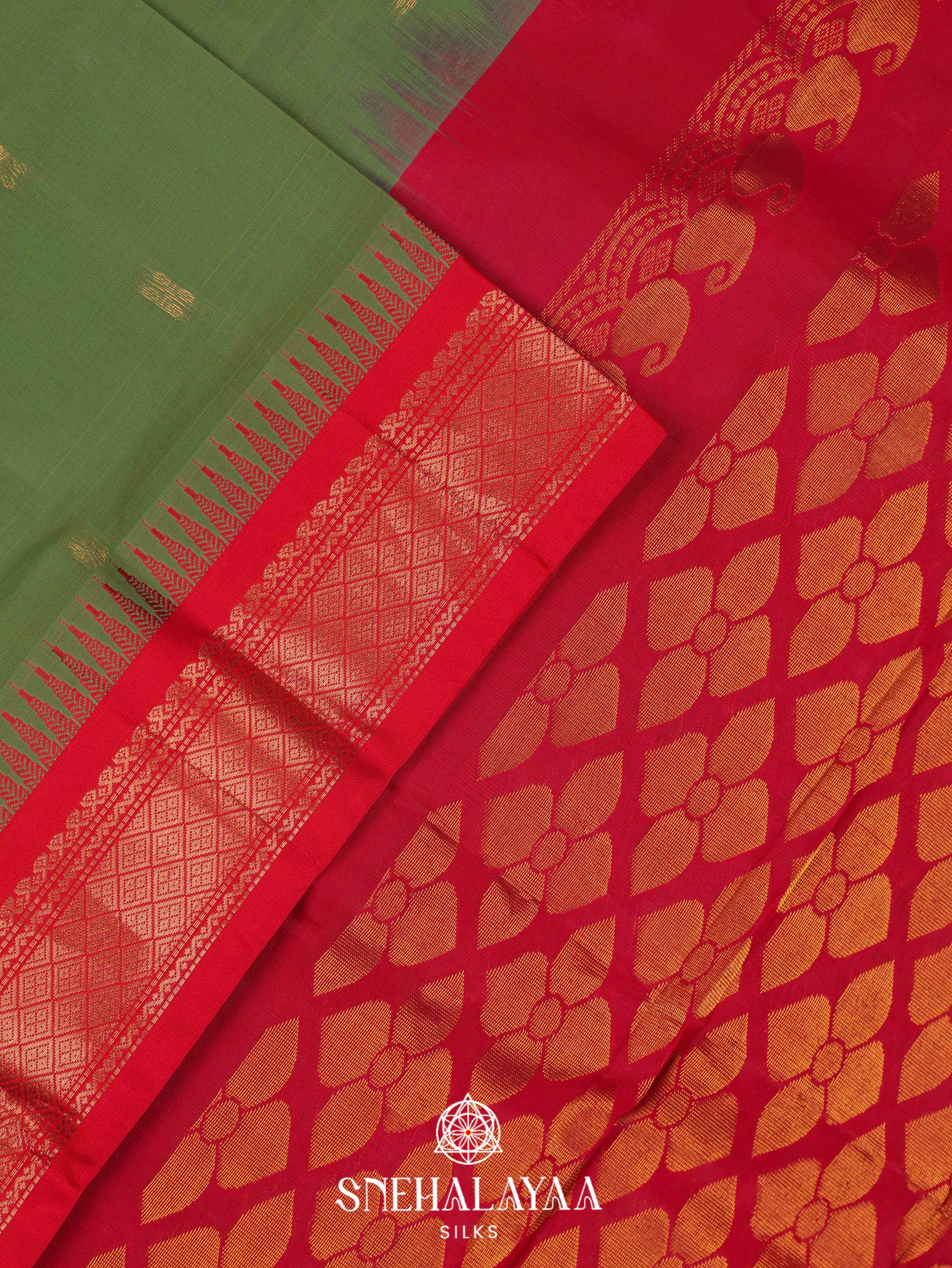 Olive Green Gadwal Cotton Saree