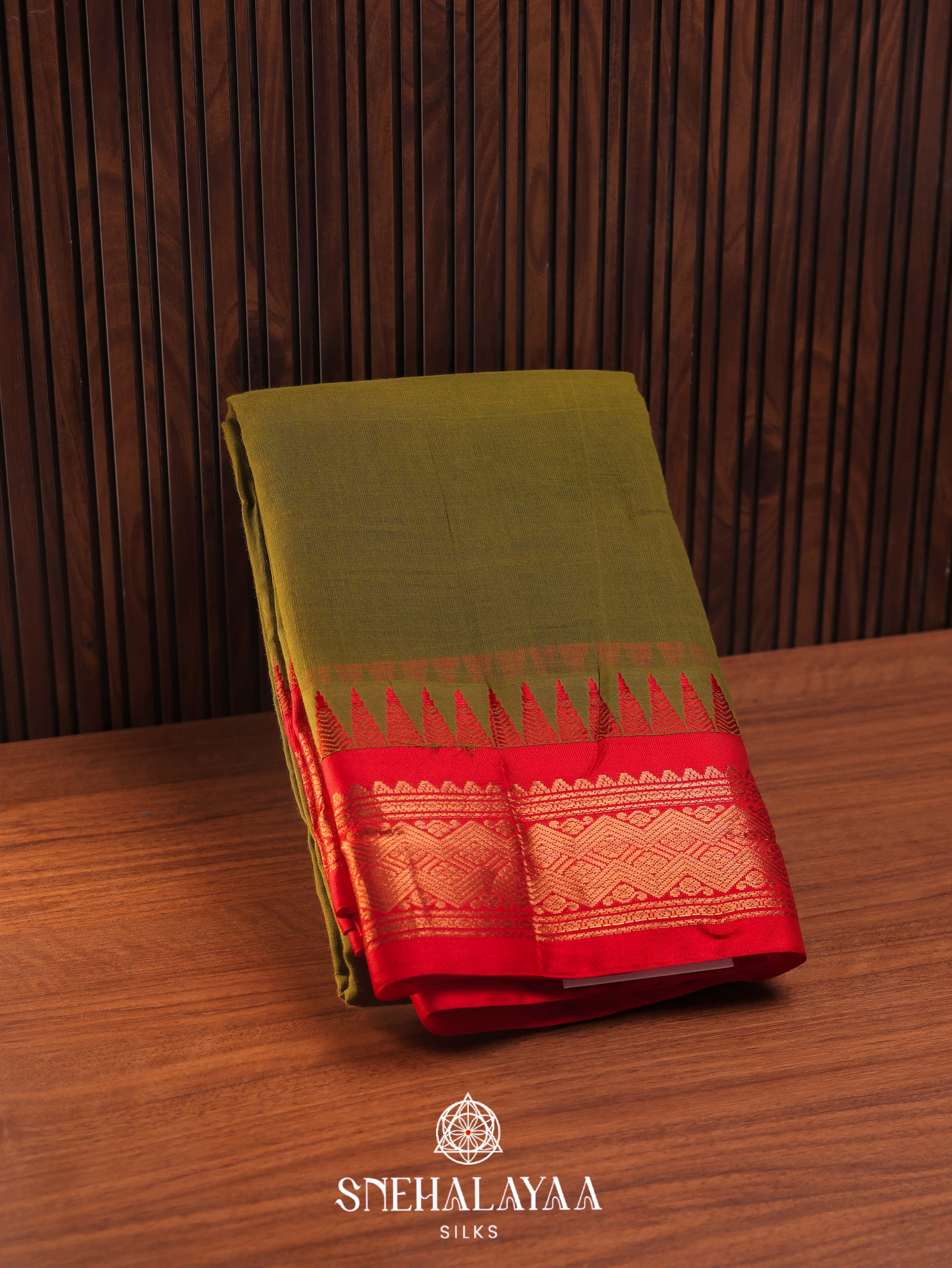 Olive Green Gadwal Cotton Saree