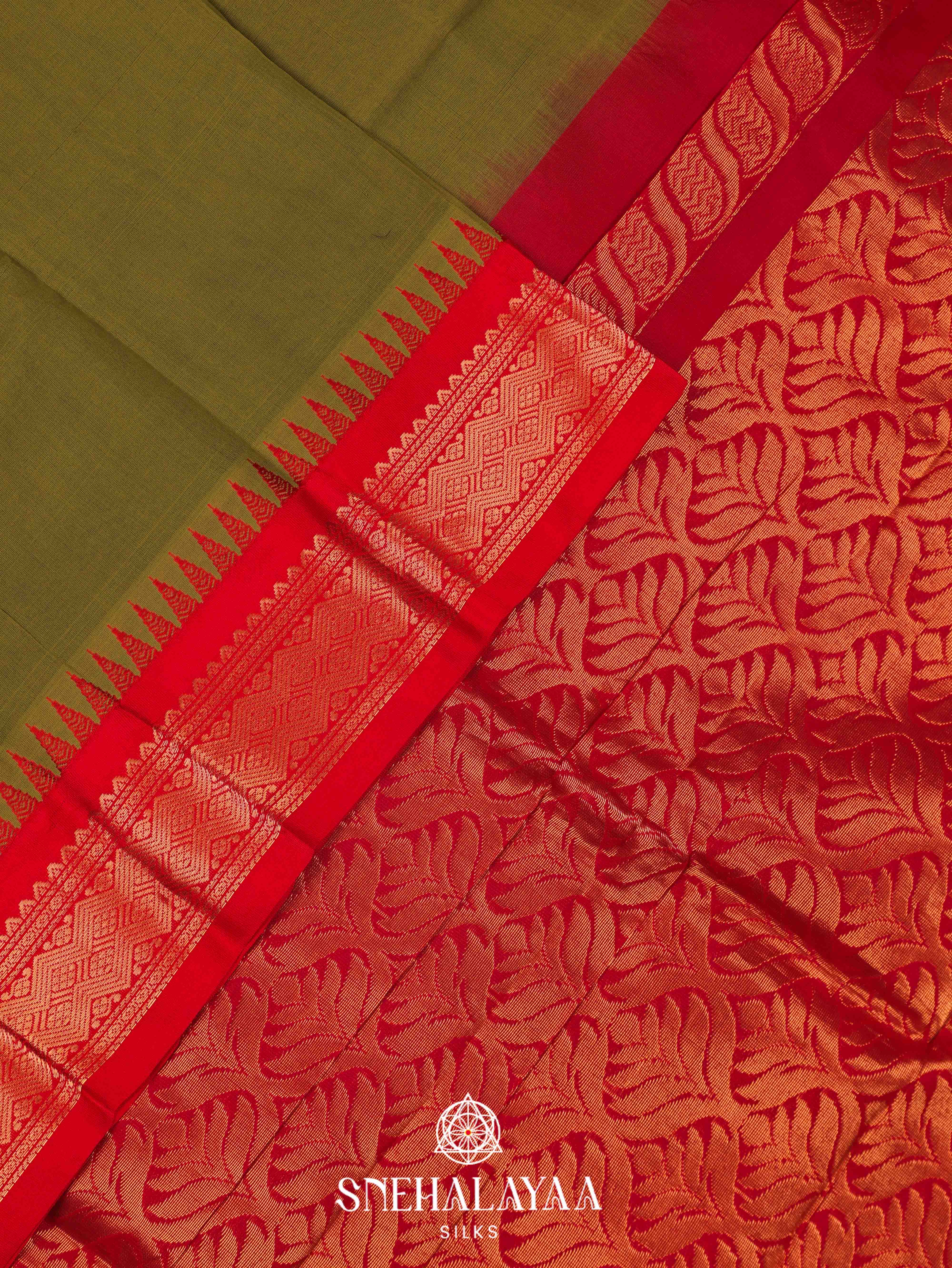 Olive Green Gadwal Cotton Saree