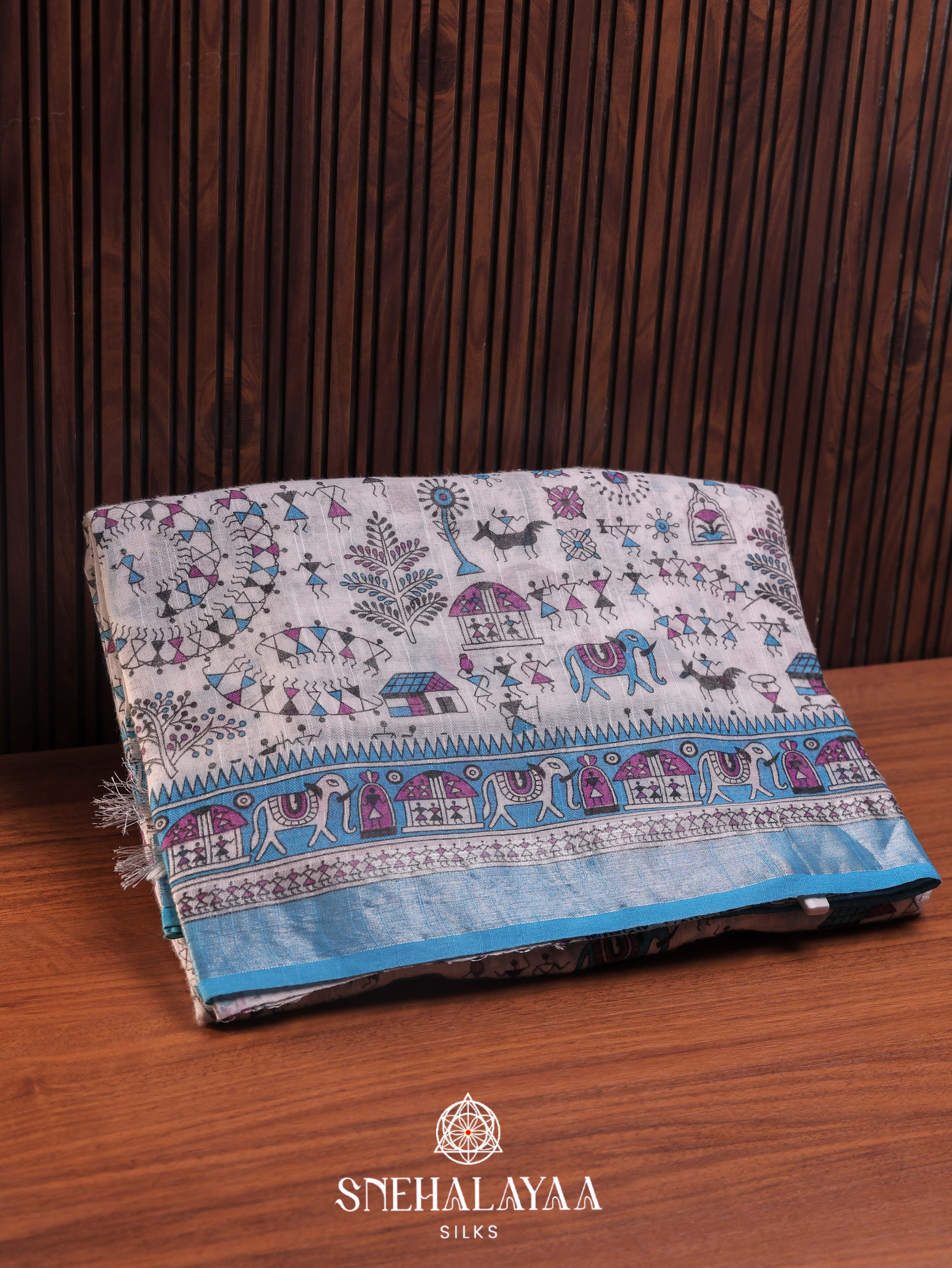Off White Printed Linen Saree