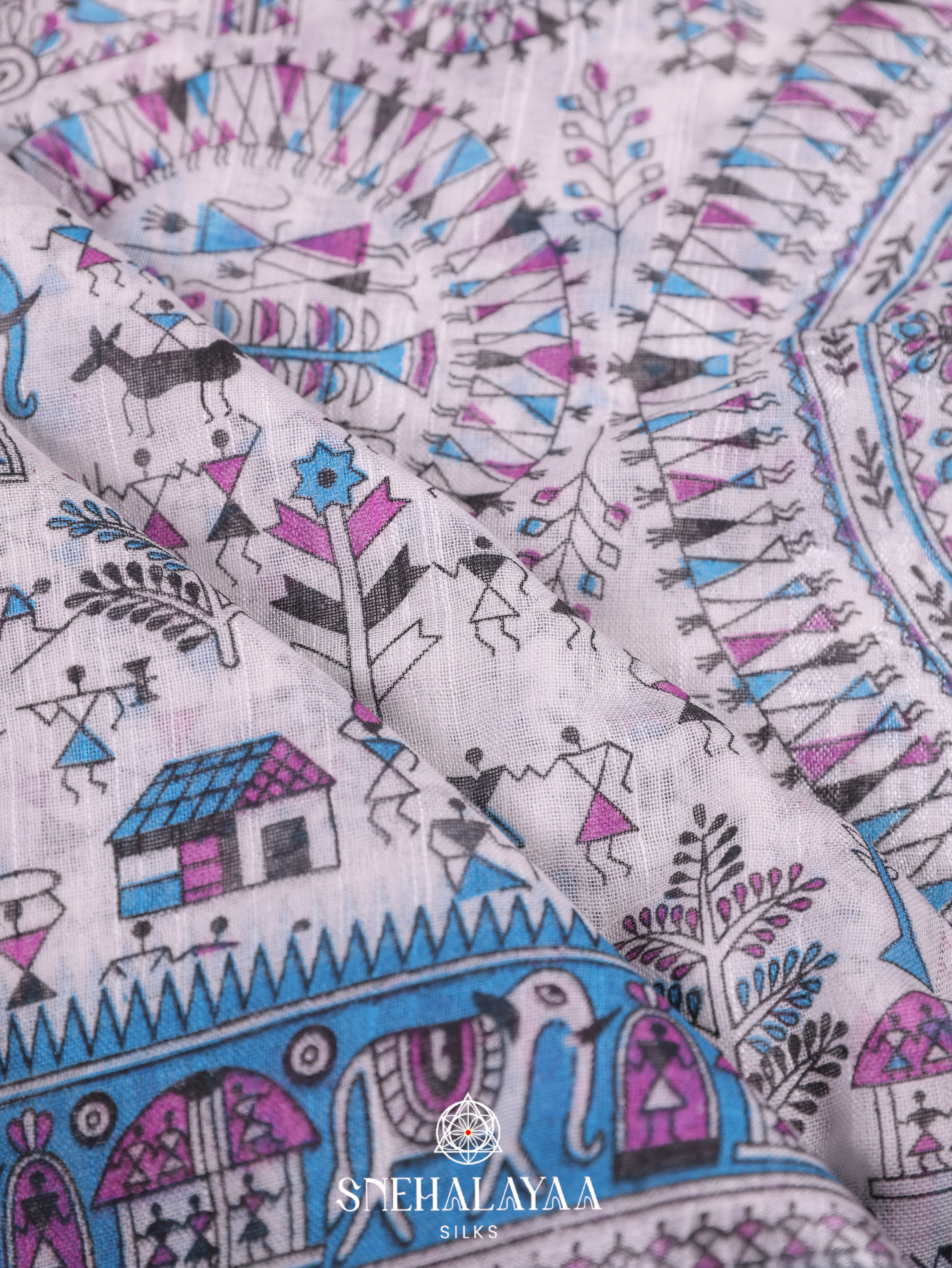Off White Printed Linen Saree
