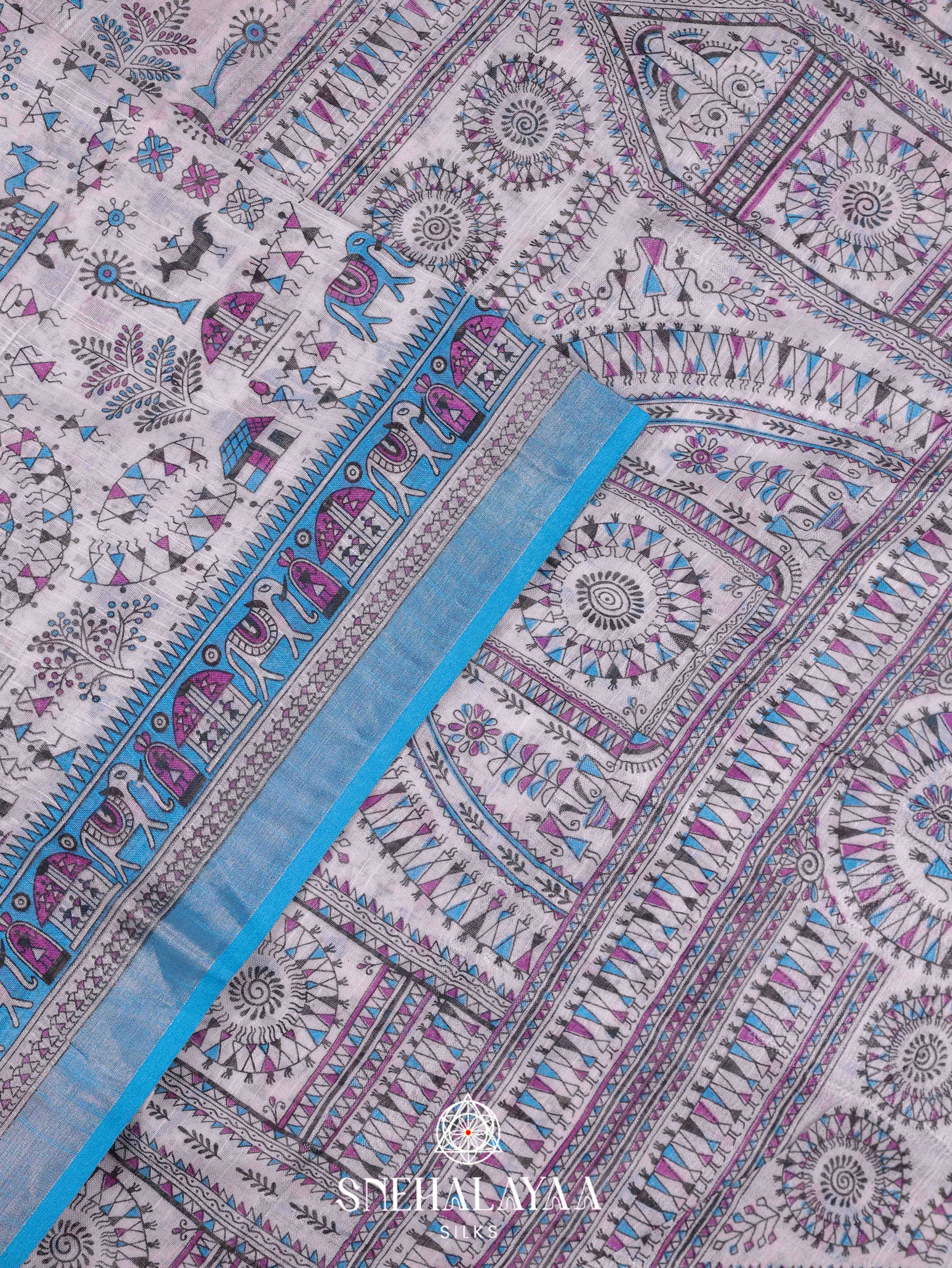 Off White Printed Linen Saree