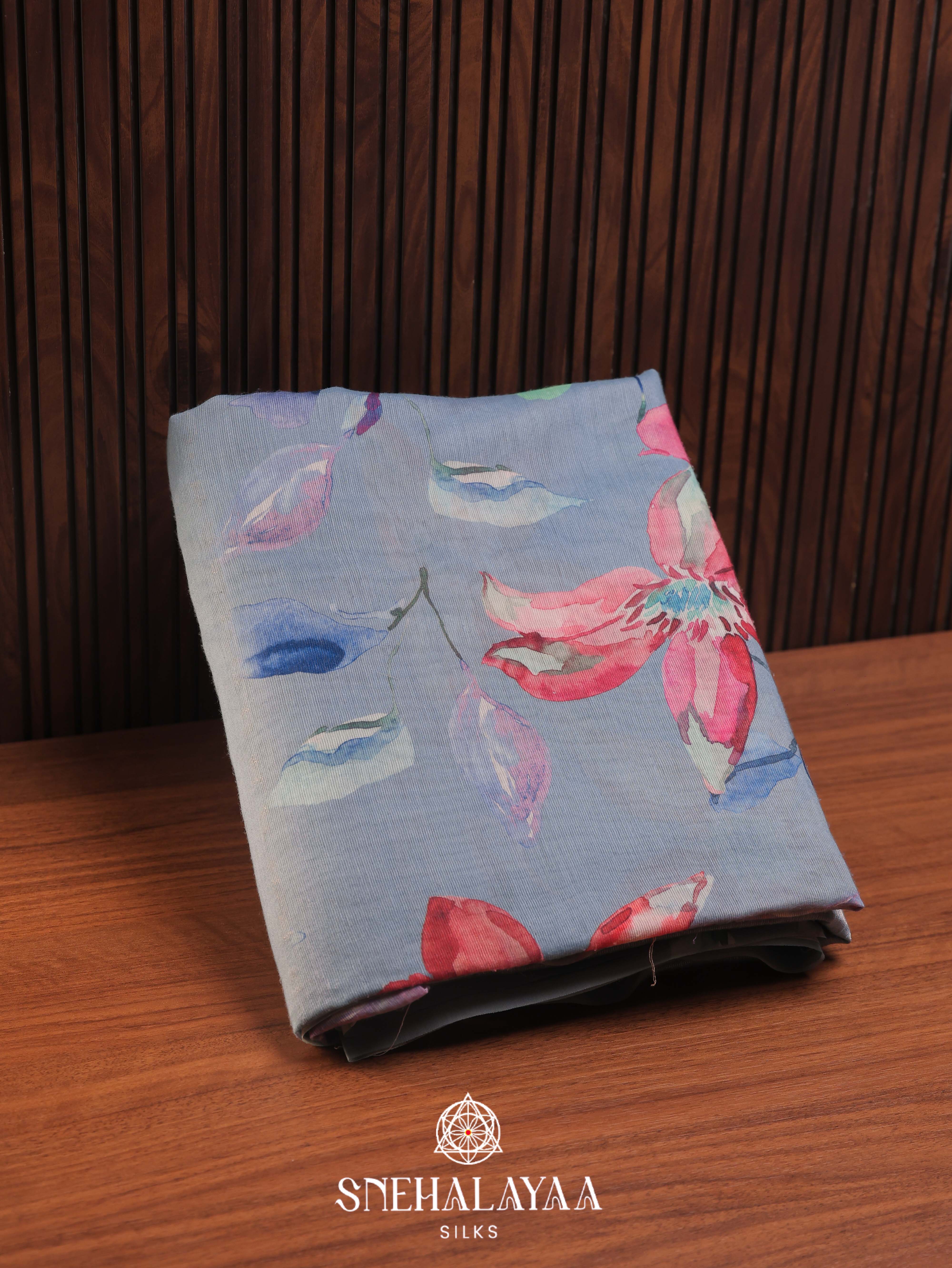Blue Printed Linen Saree