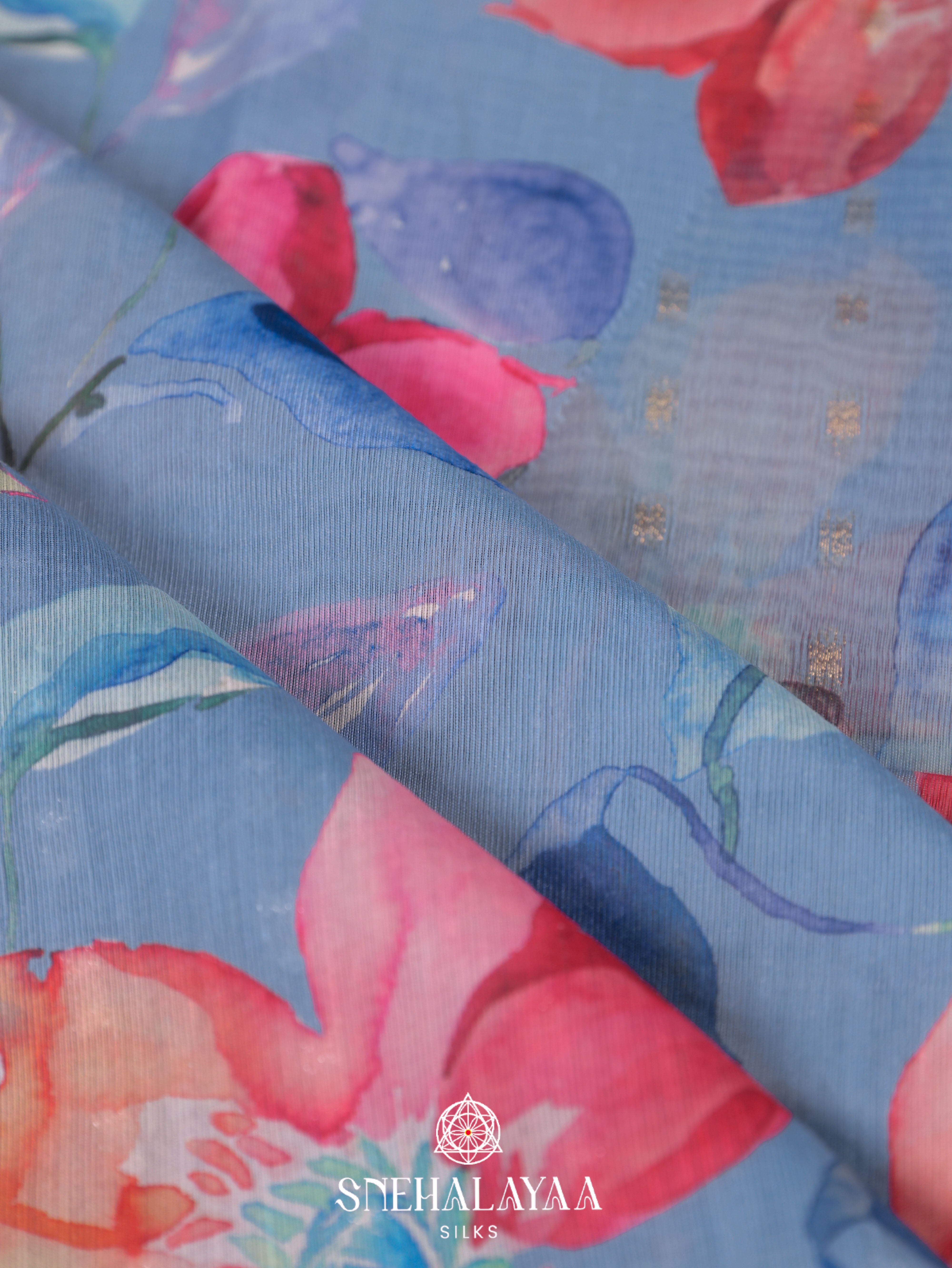 Blue Printed Linen Saree
