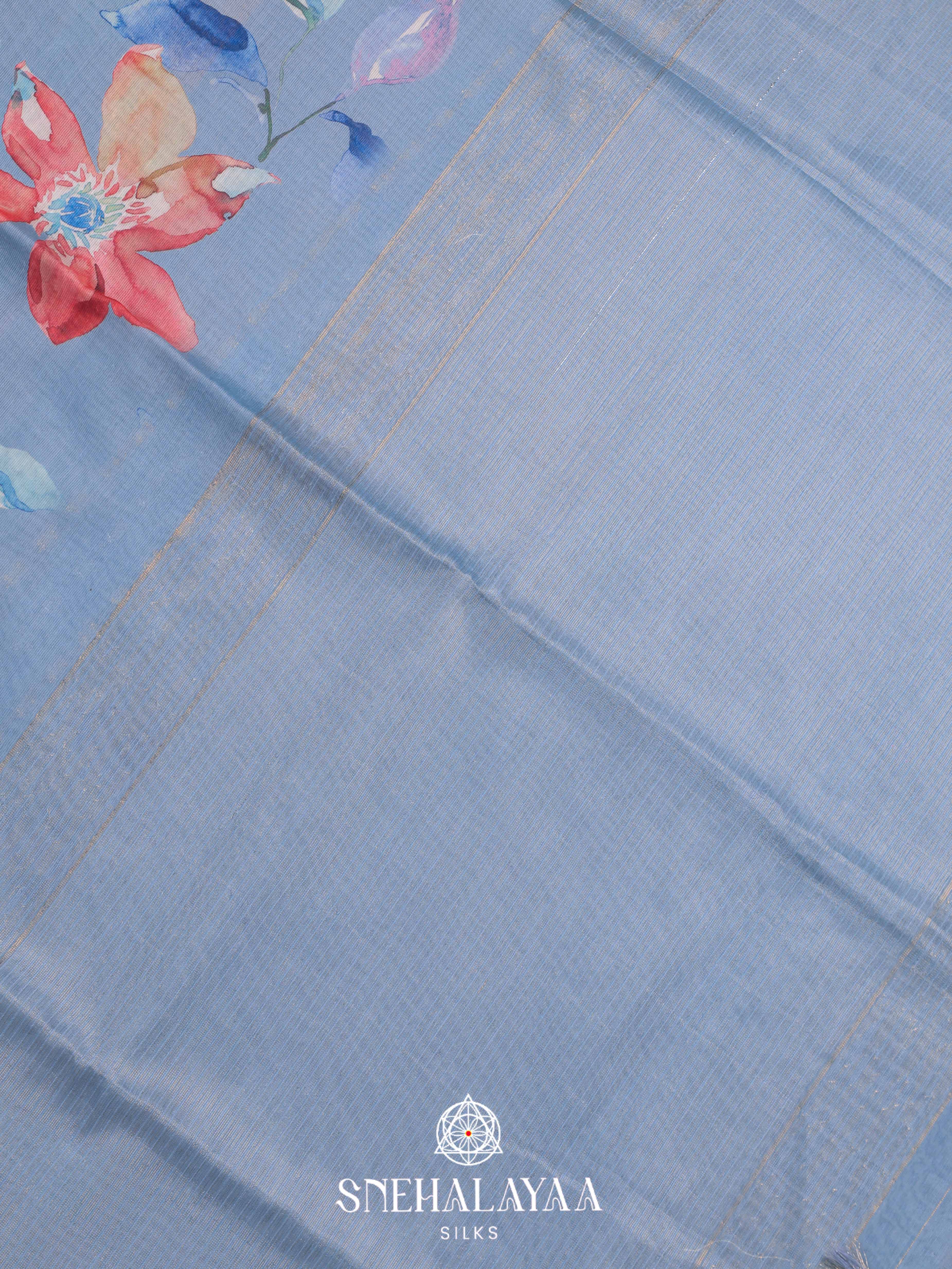 Blue Printed Linen Saree
