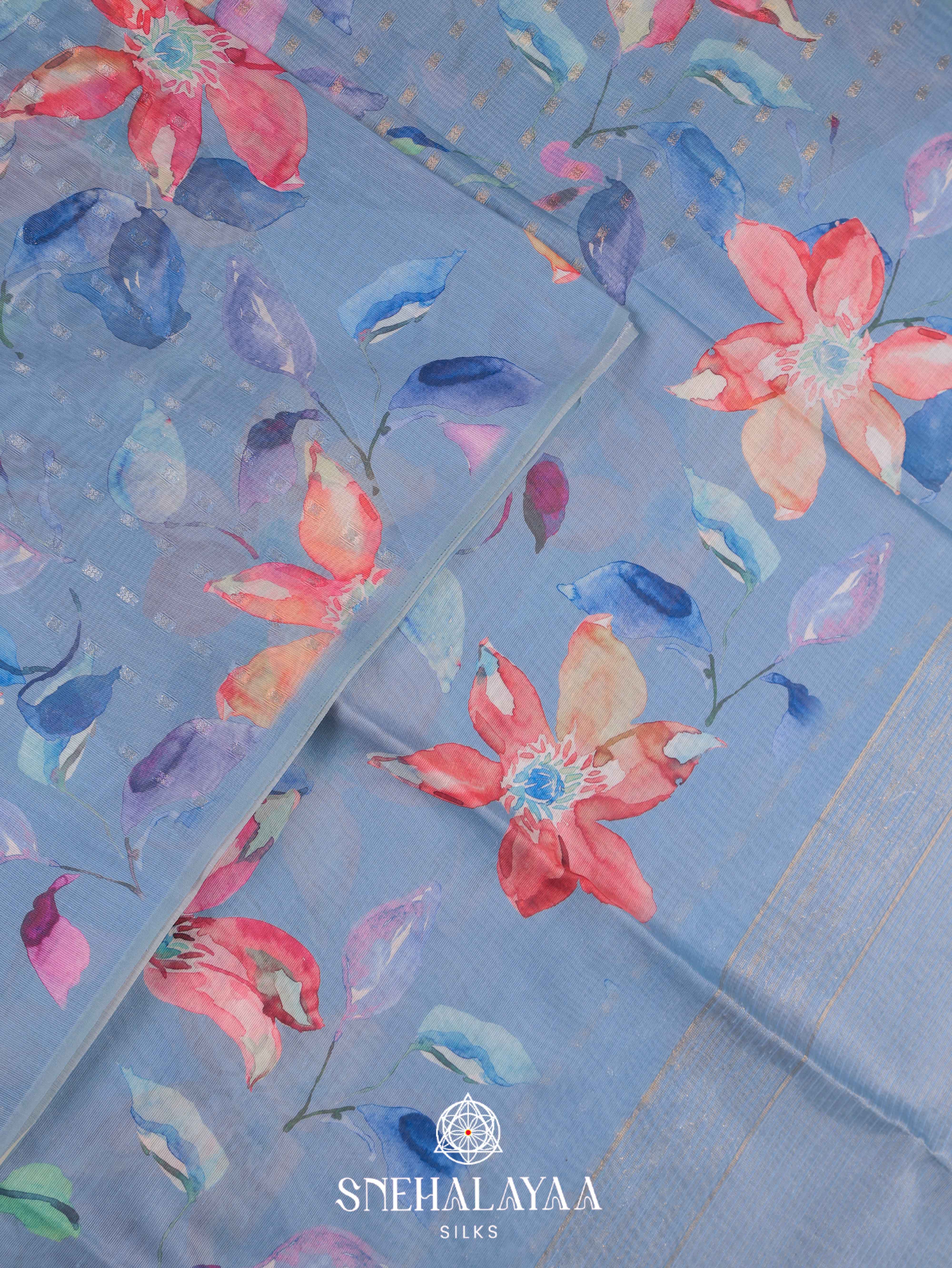 Blue Printed Linen Saree