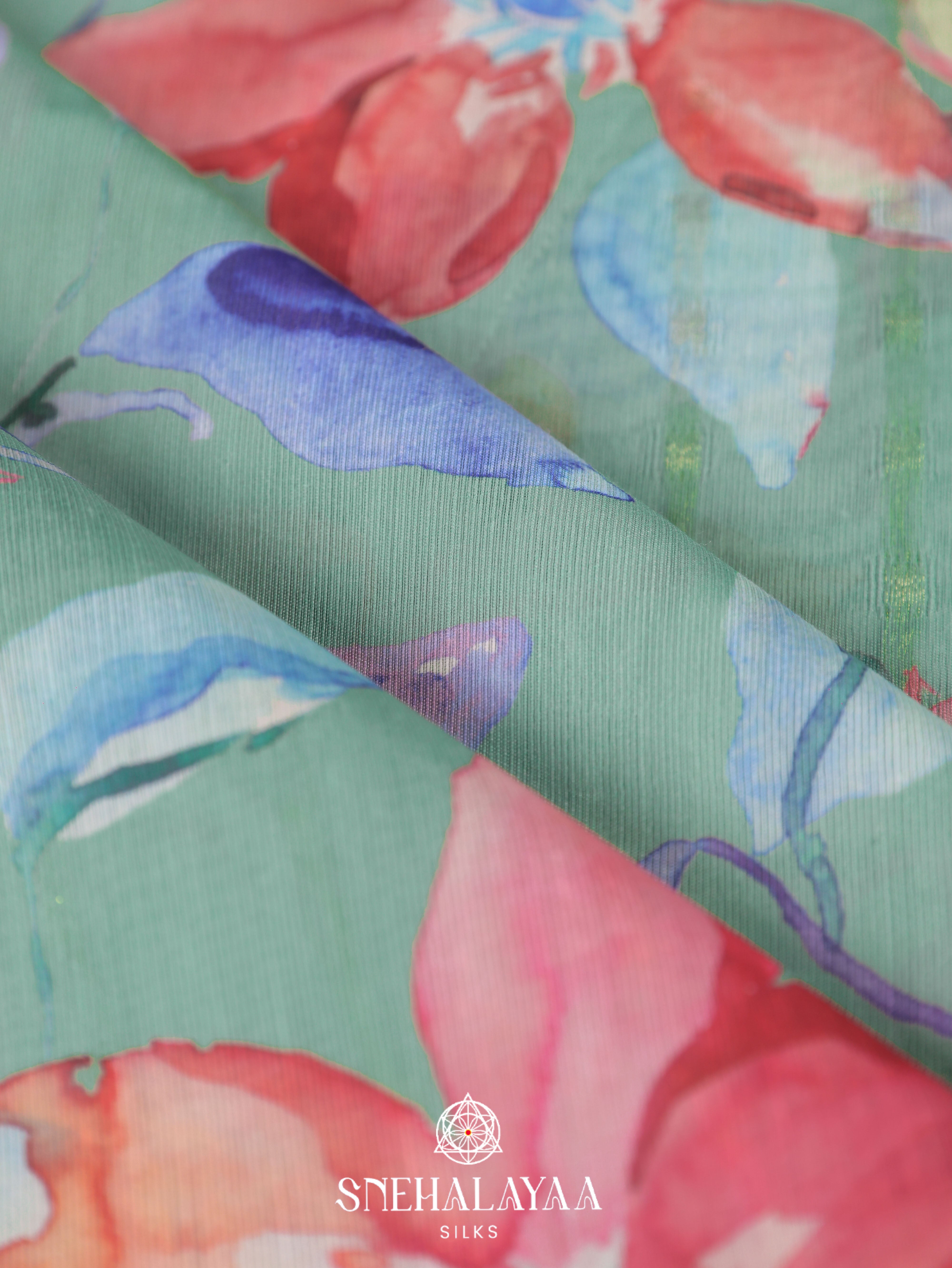 Mint Green Printed Linen Saree