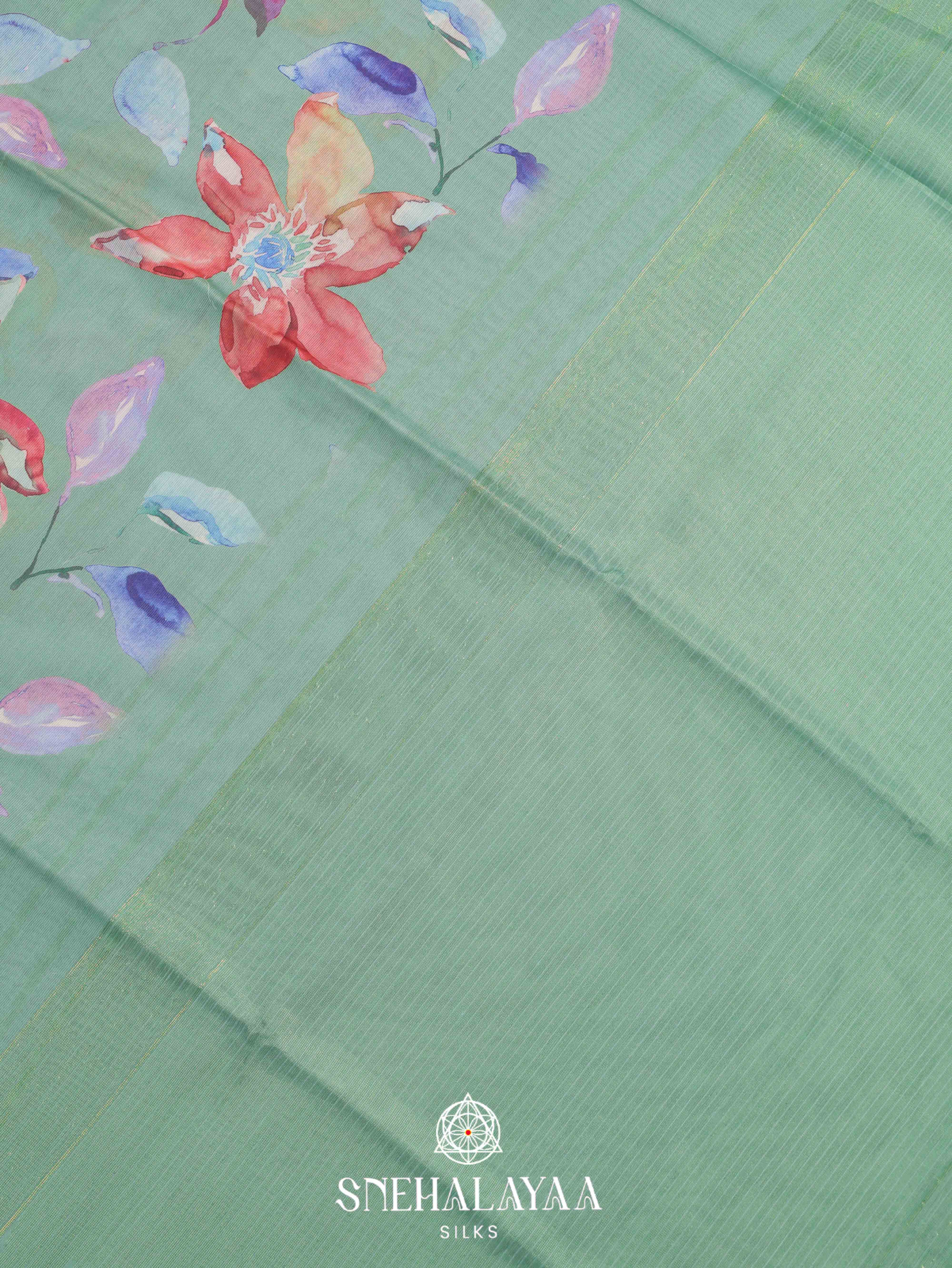 Mint Green Printed Linen Saree