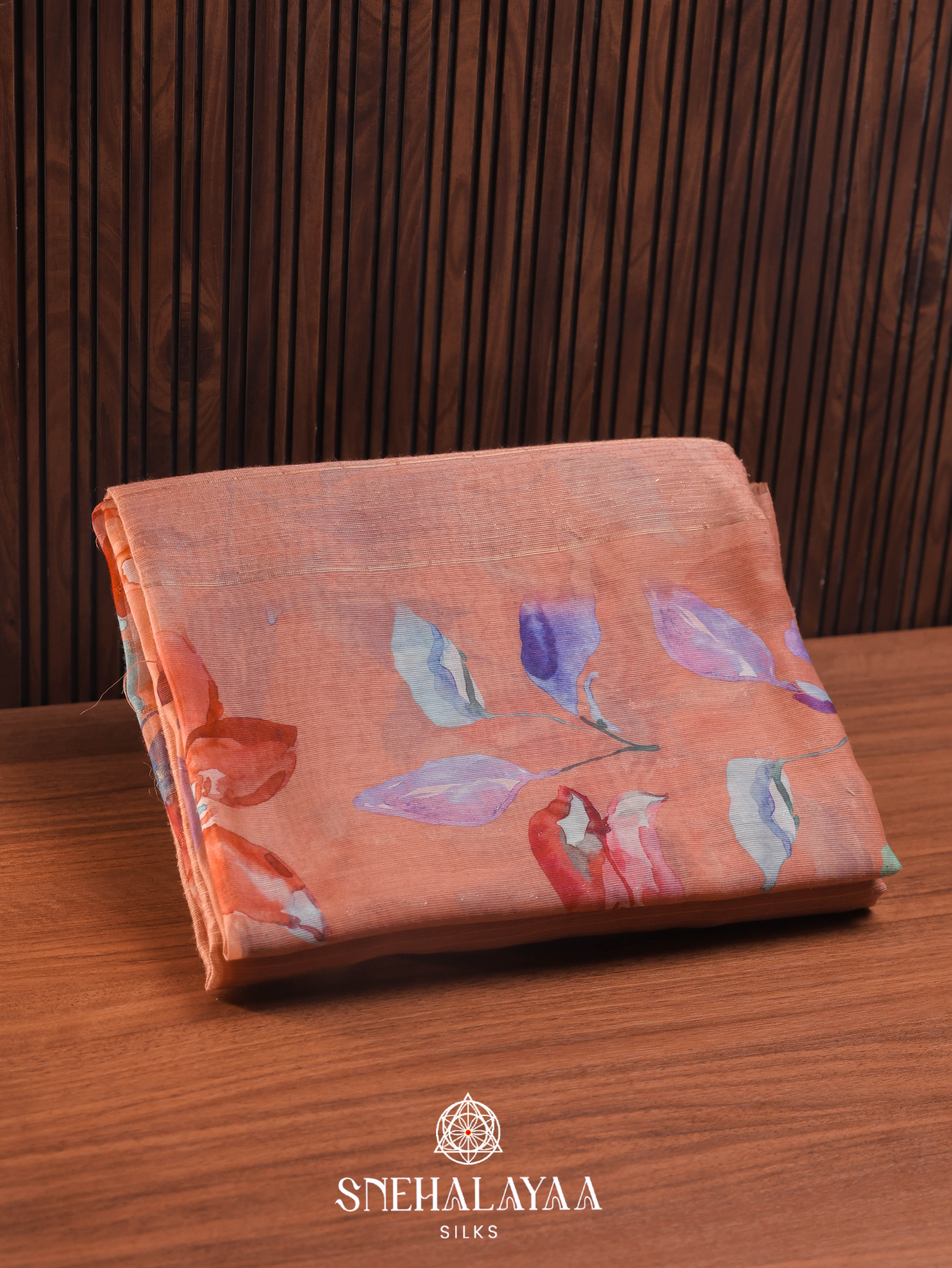 Peach Printed Linen Saree