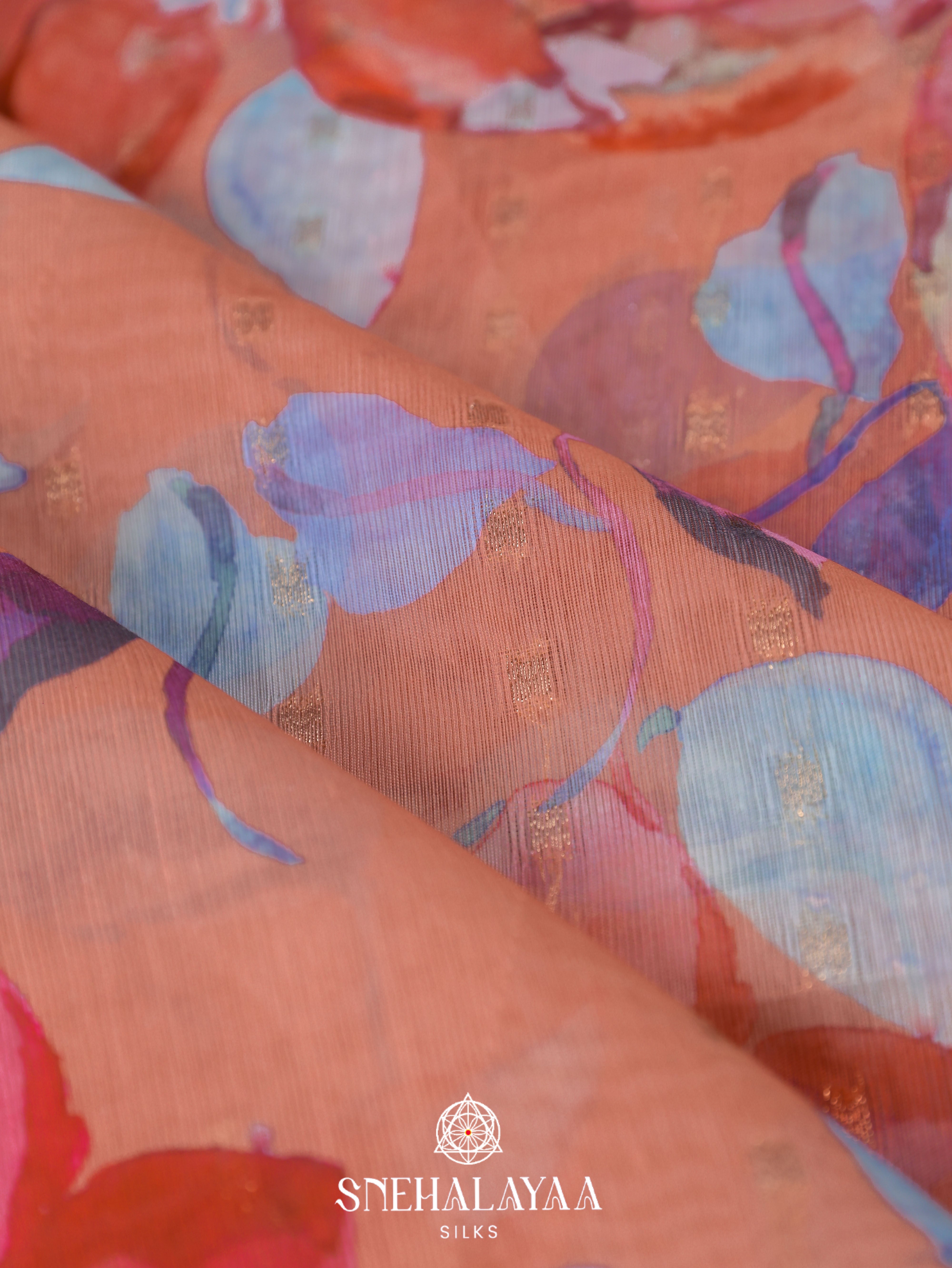 Peach Printed Linen Saree