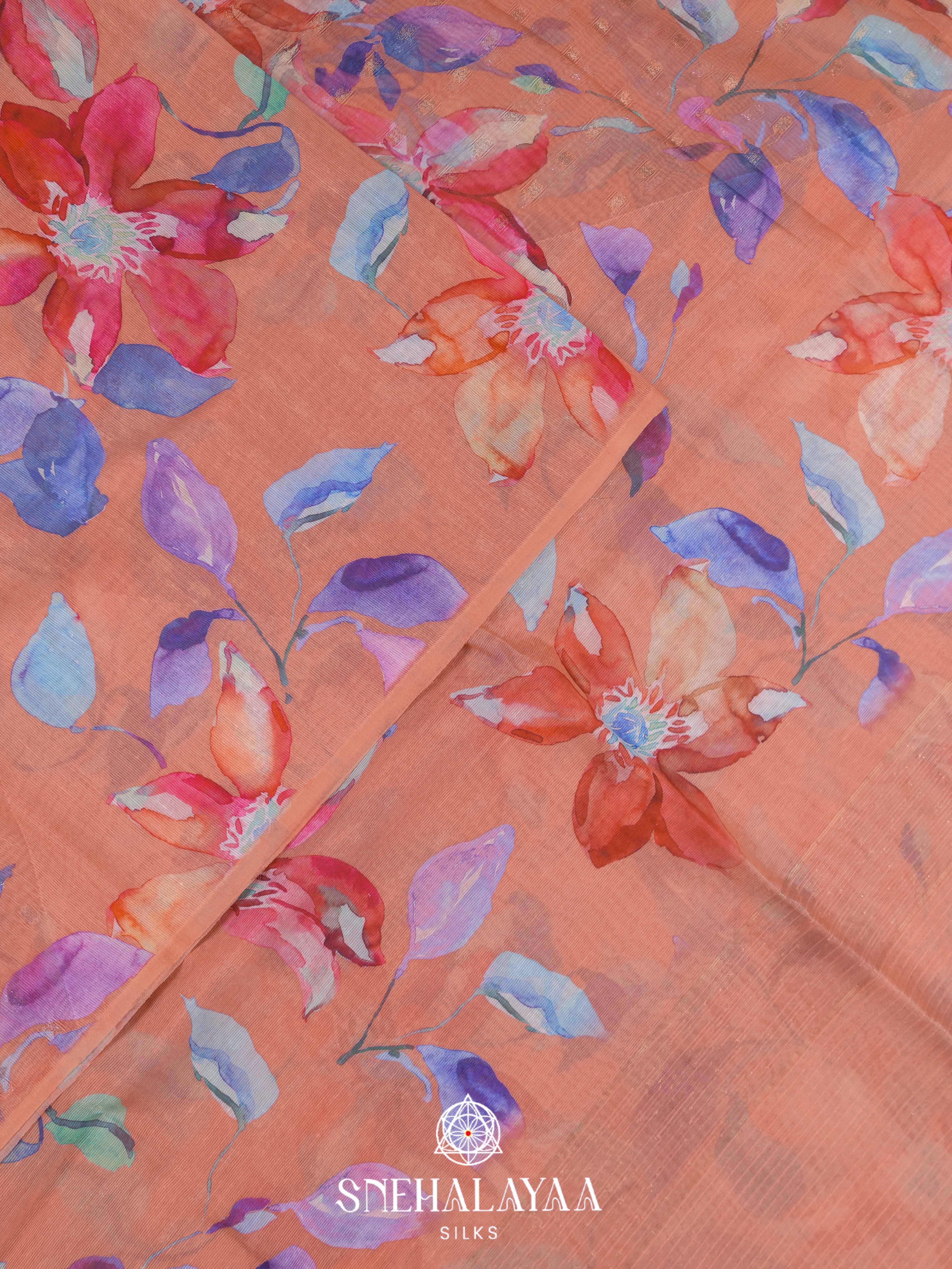 Peach Printed Linen Saree