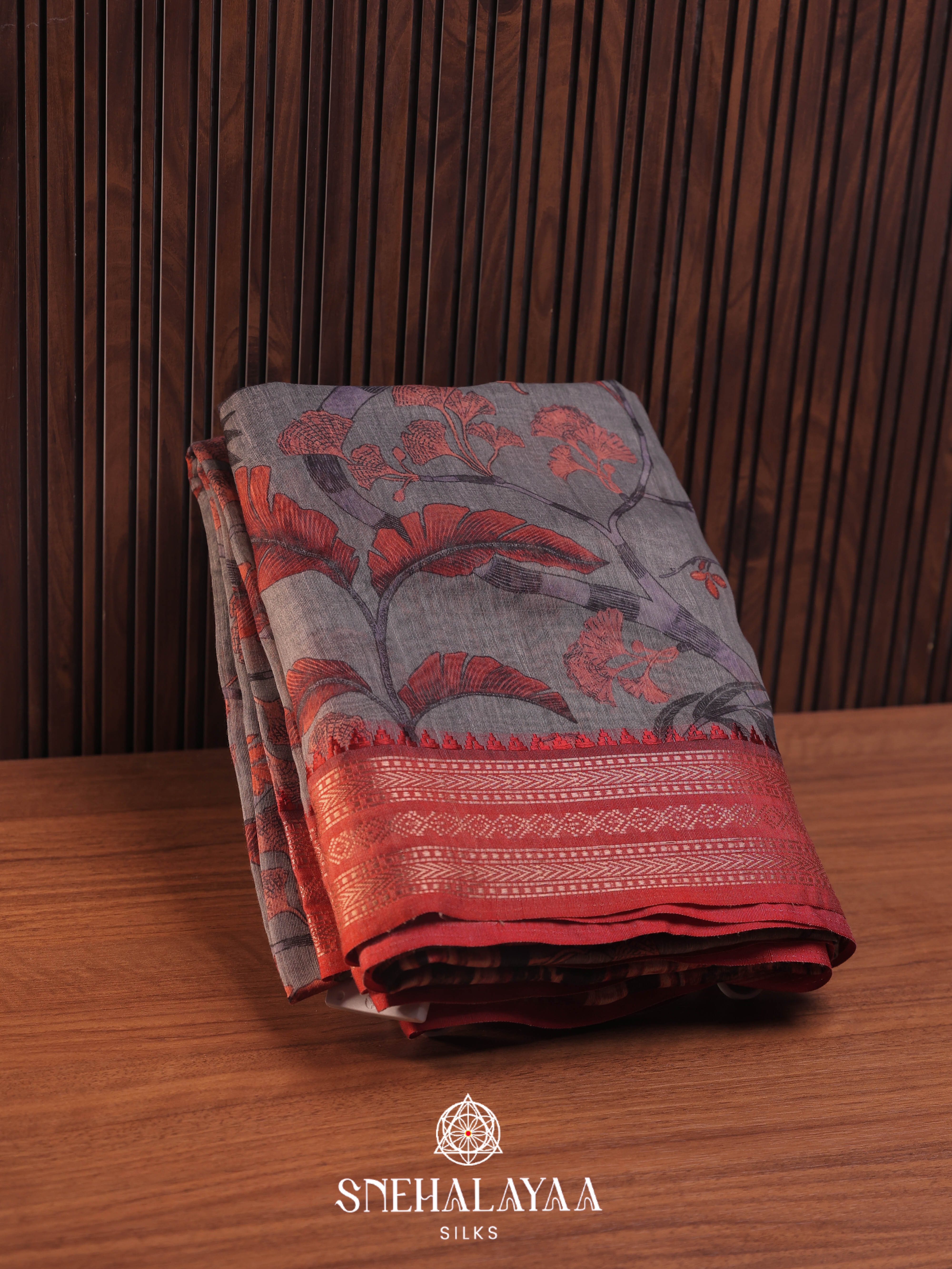 Grey Floral Printed Linen Saree