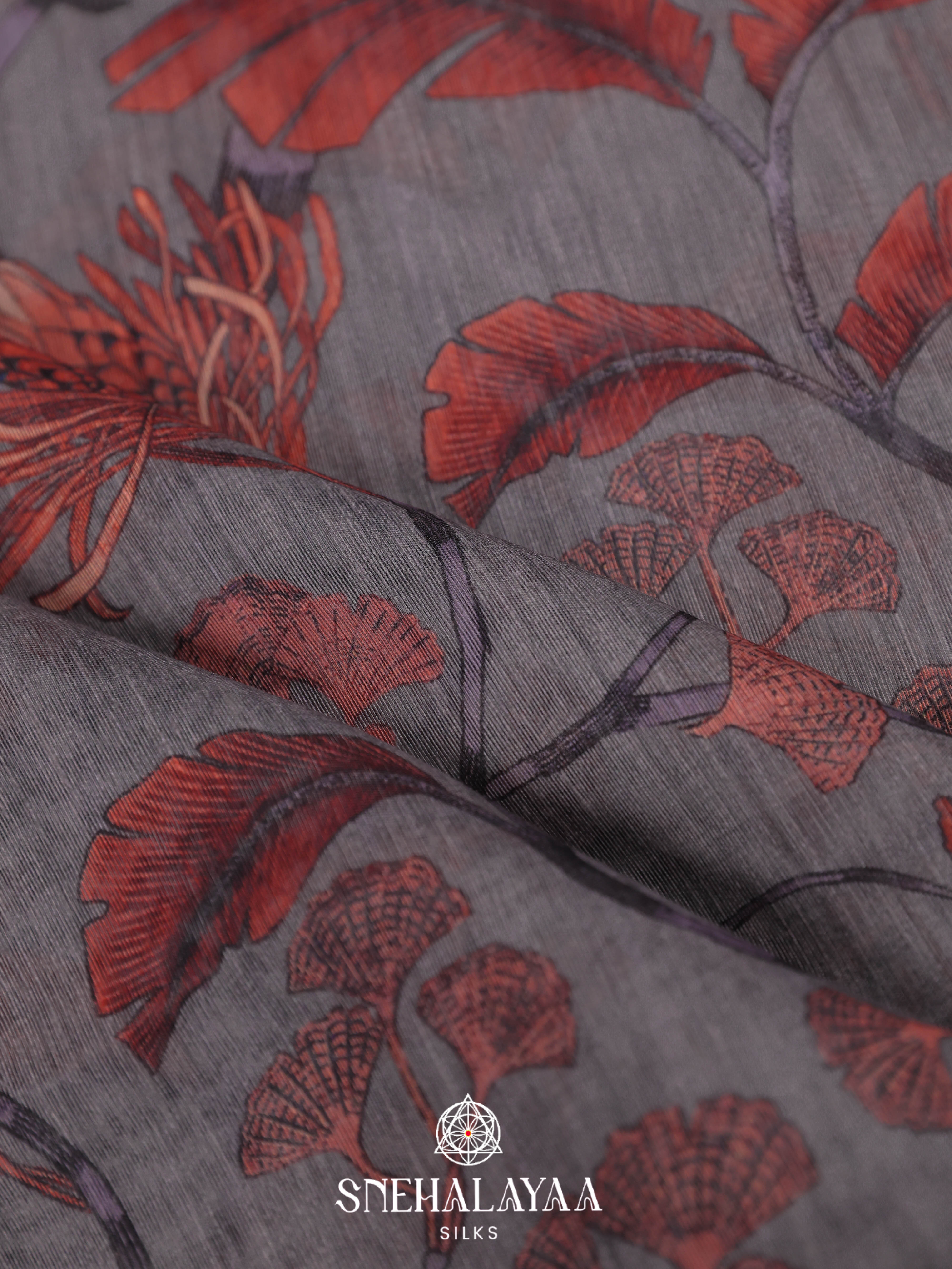 Grey Floral Printed Linen Saree