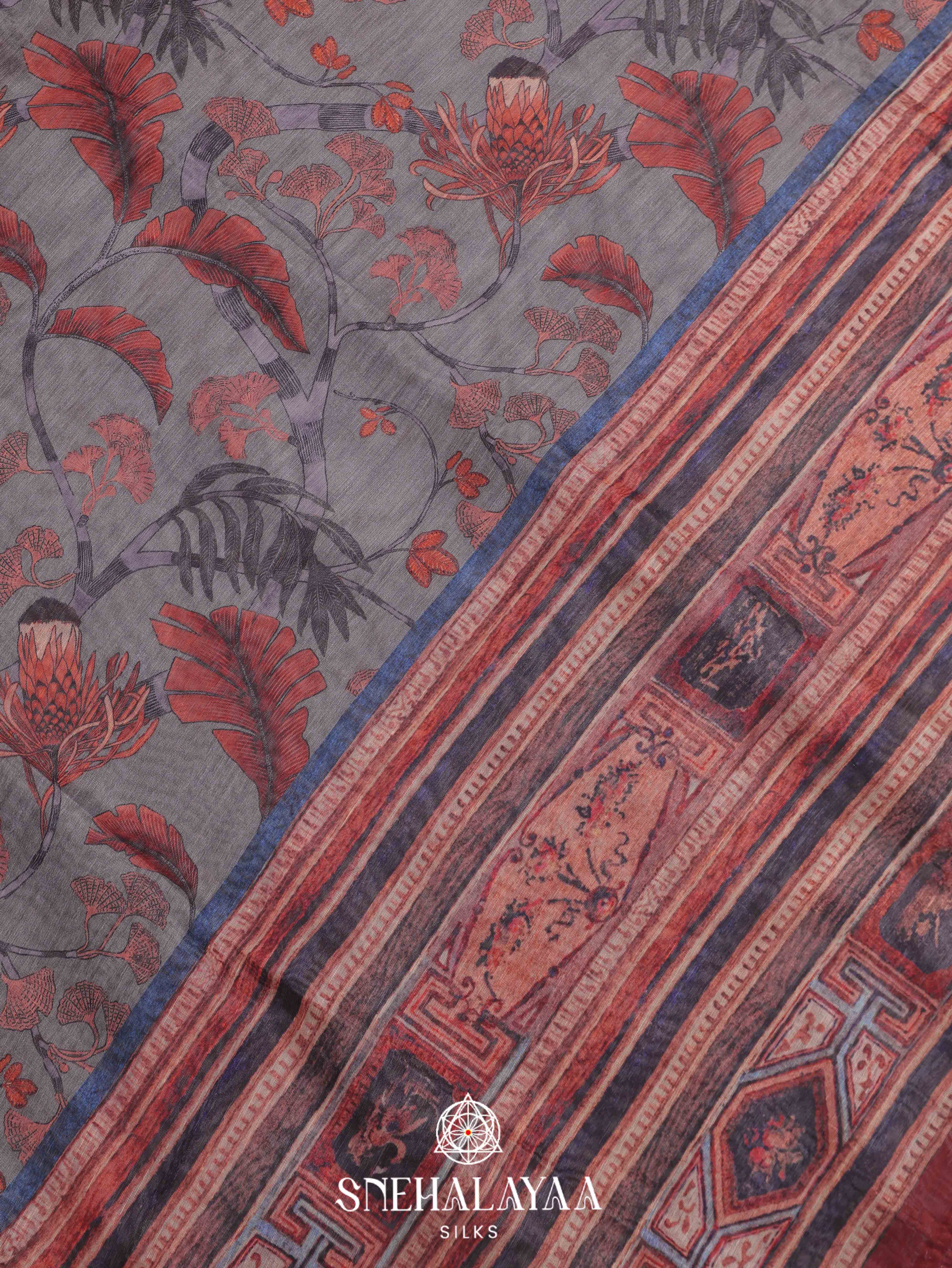 Grey Floral Printed Linen Saree