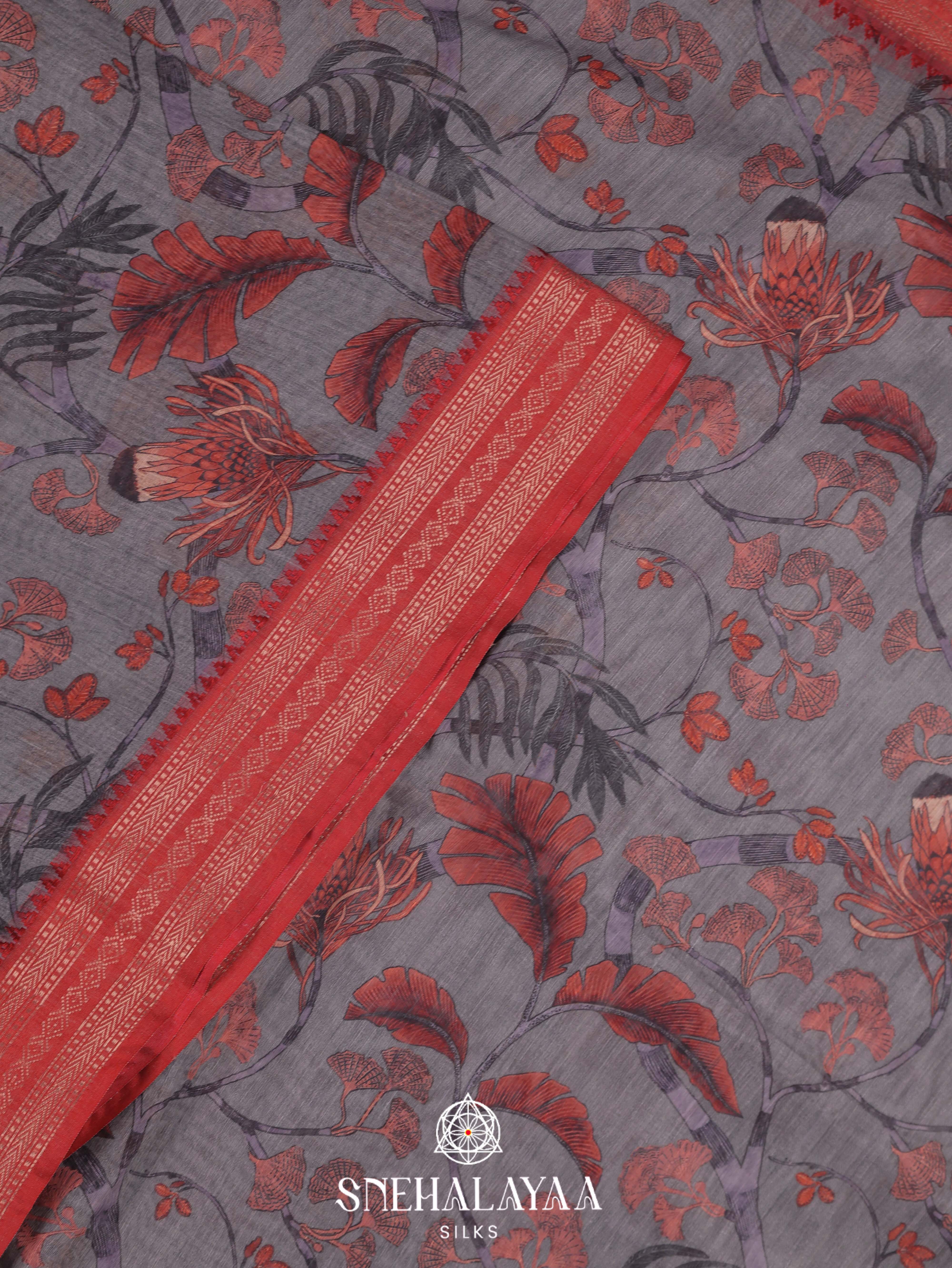Grey Floral Printed Linen Saree