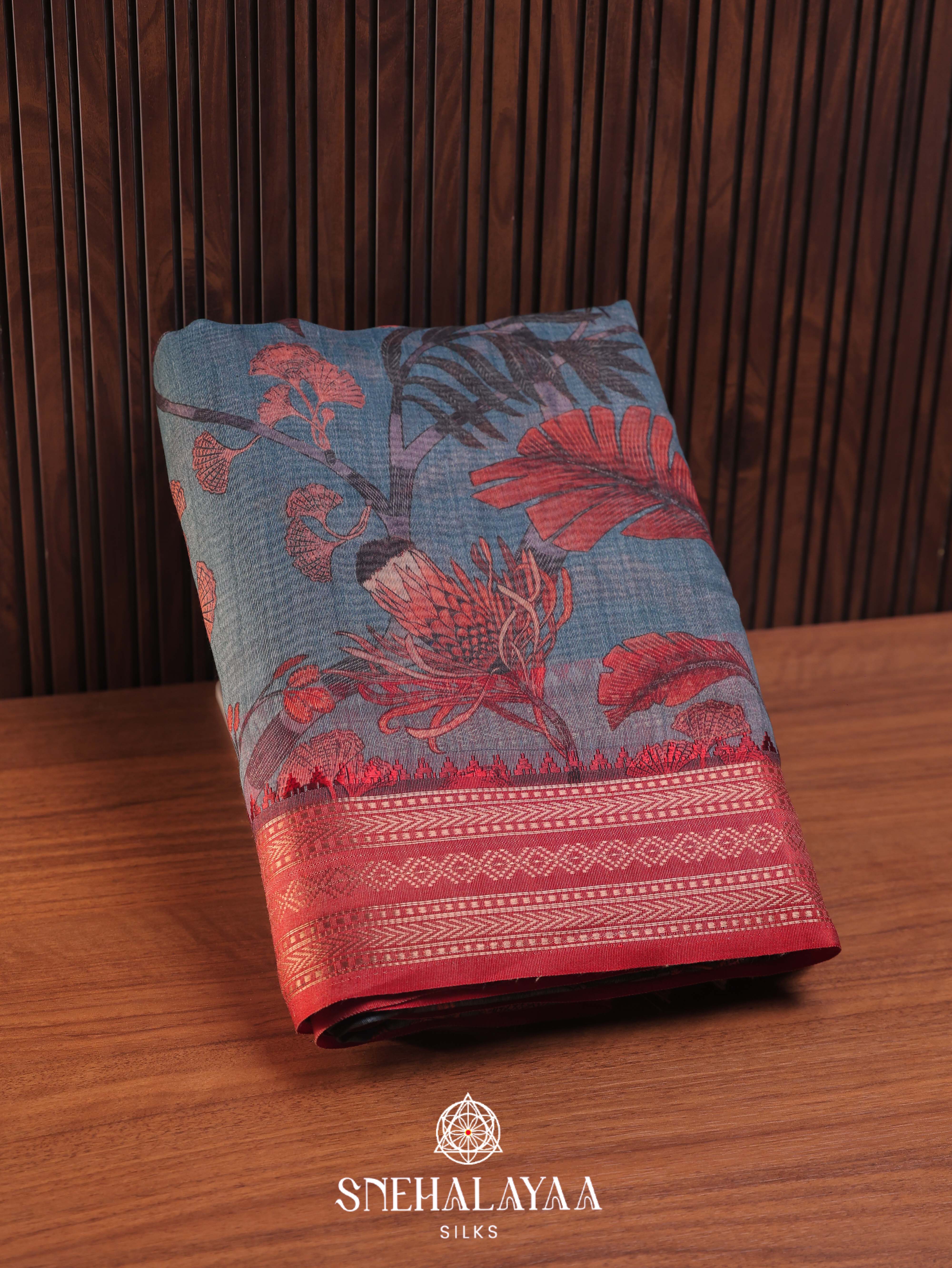 Blue Floral Printed Linen Saree