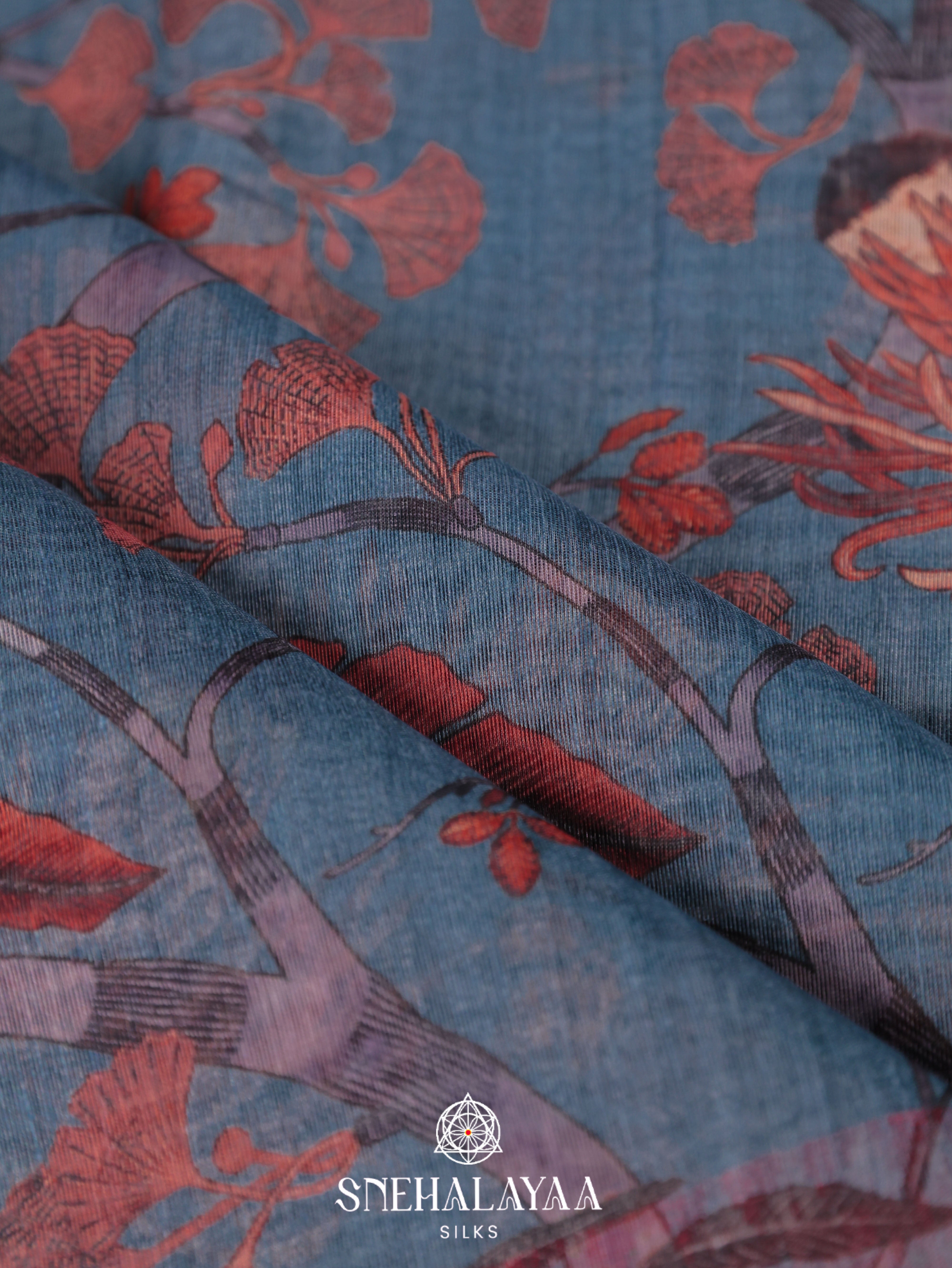 Blue Floral Printed Linen Saree