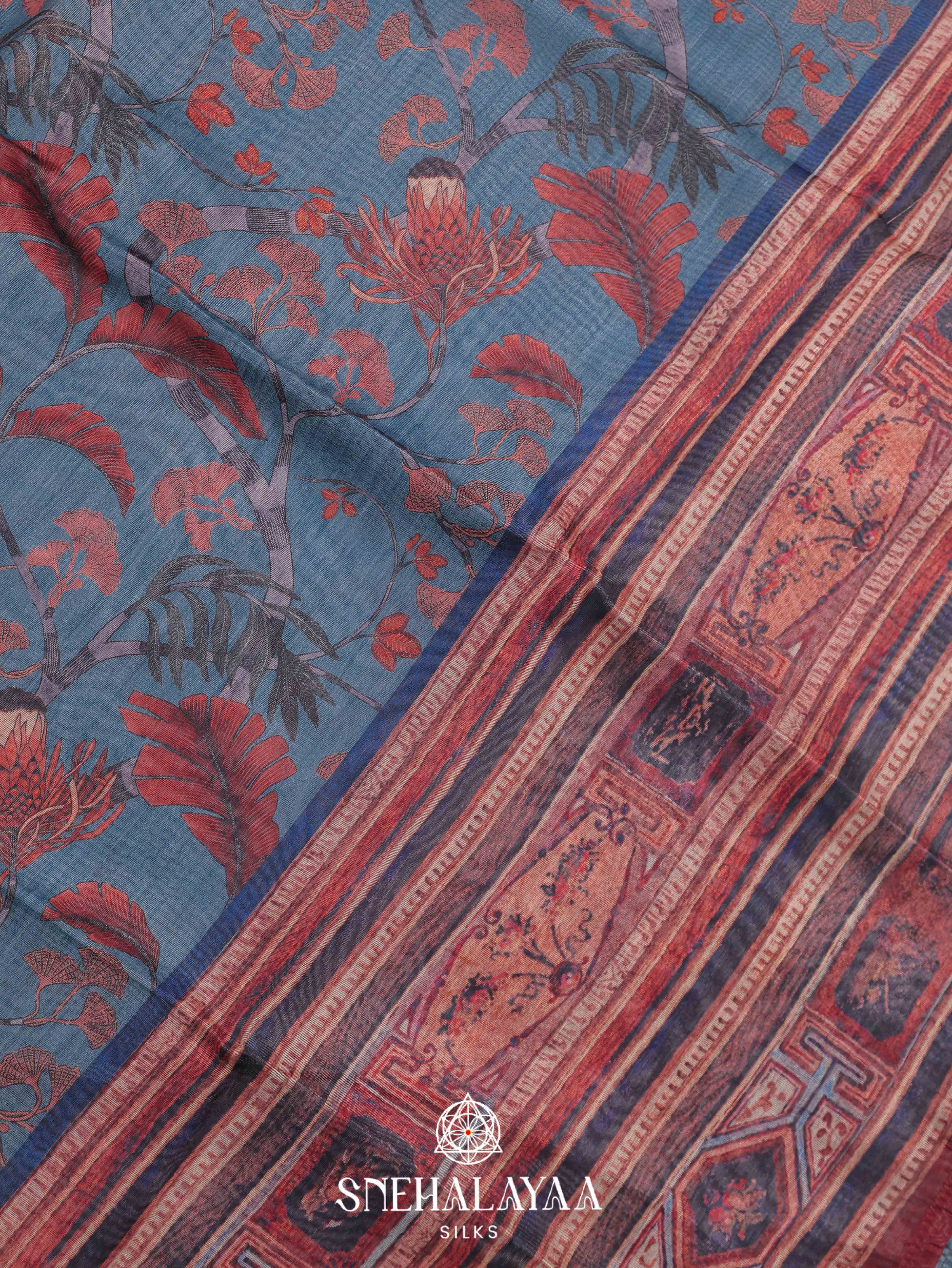 Blue Floral Printed Linen Saree