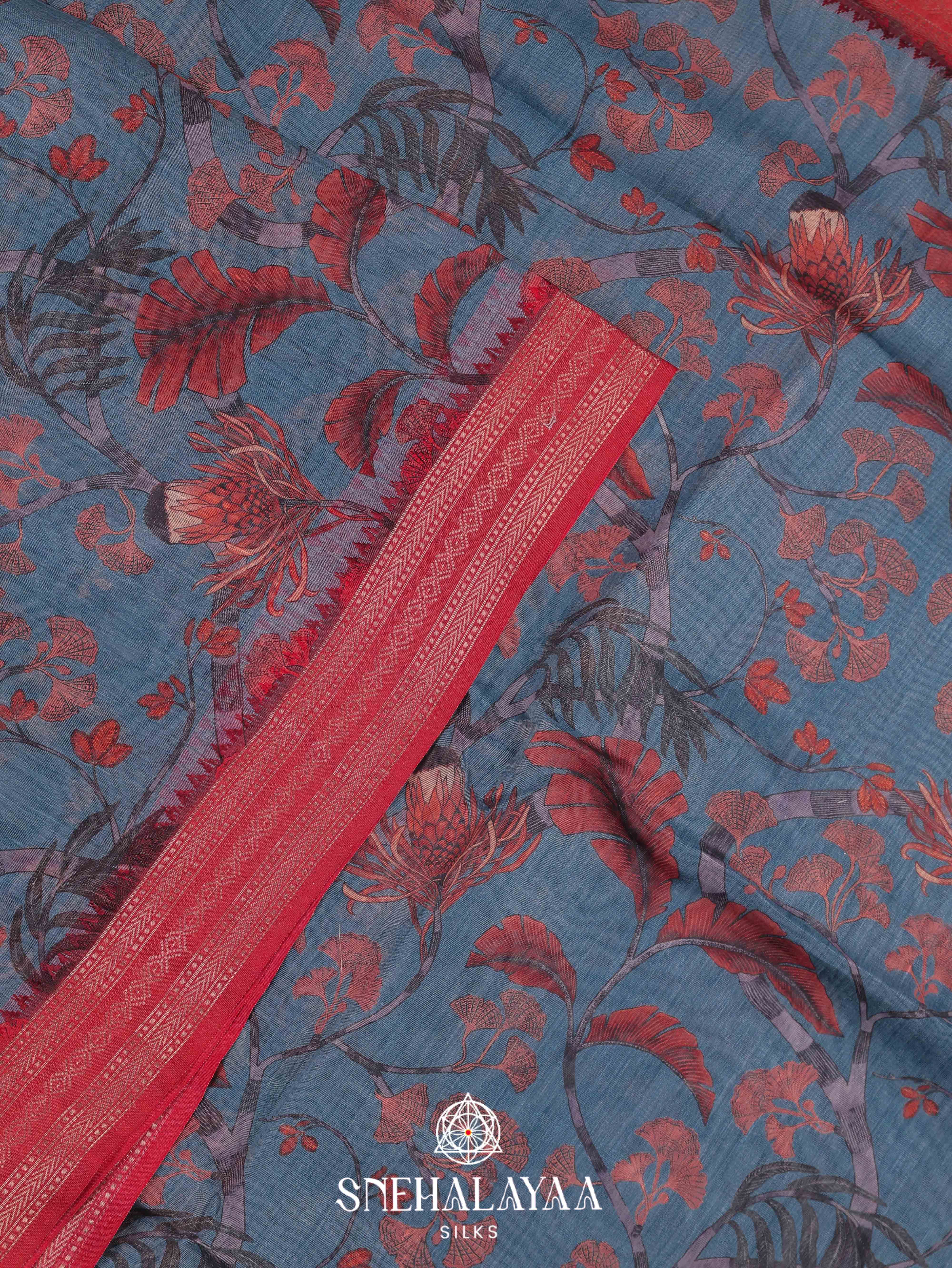 Blue Floral Printed Linen Saree