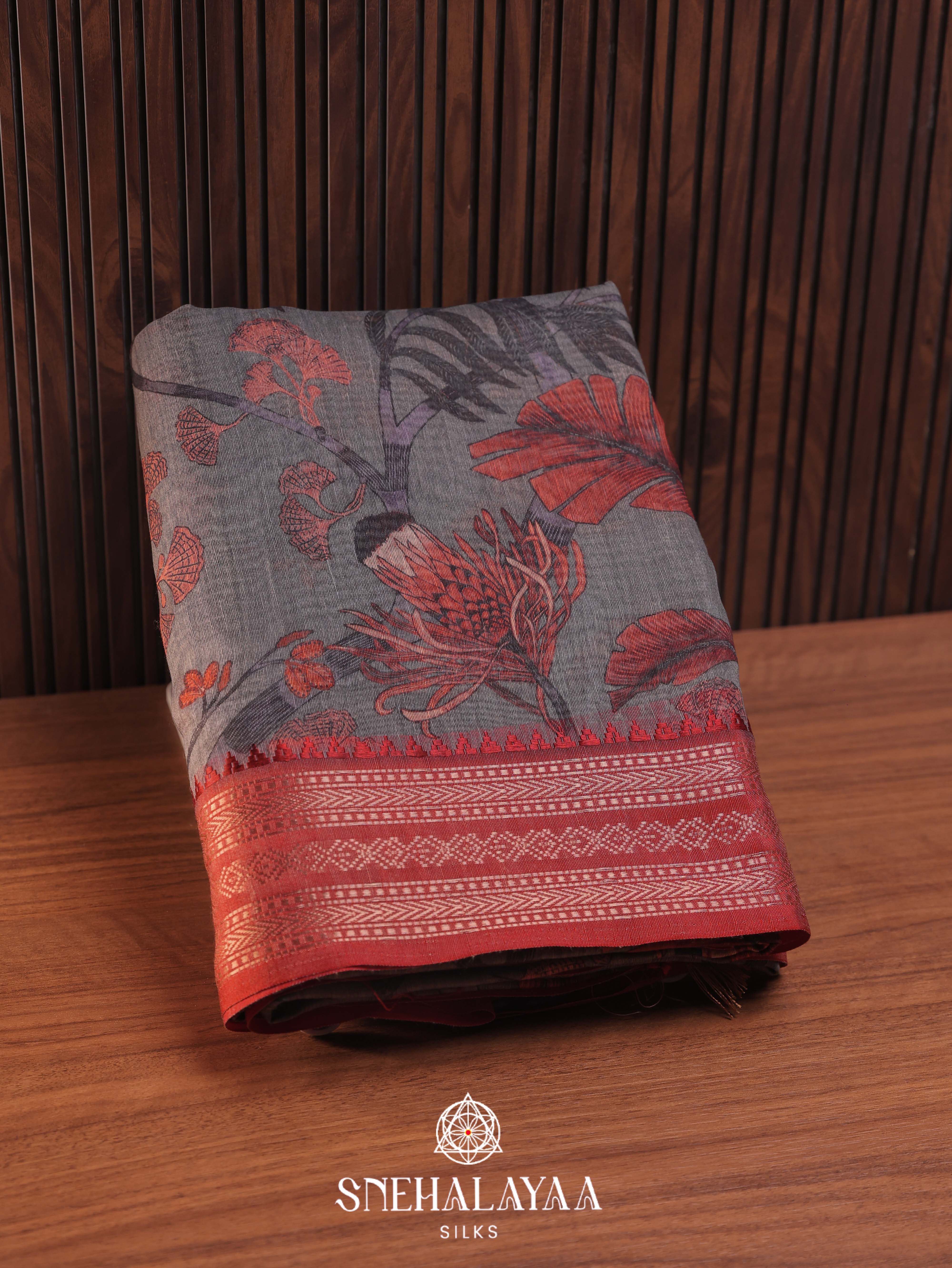 Grey Floral Printed Linen Saree