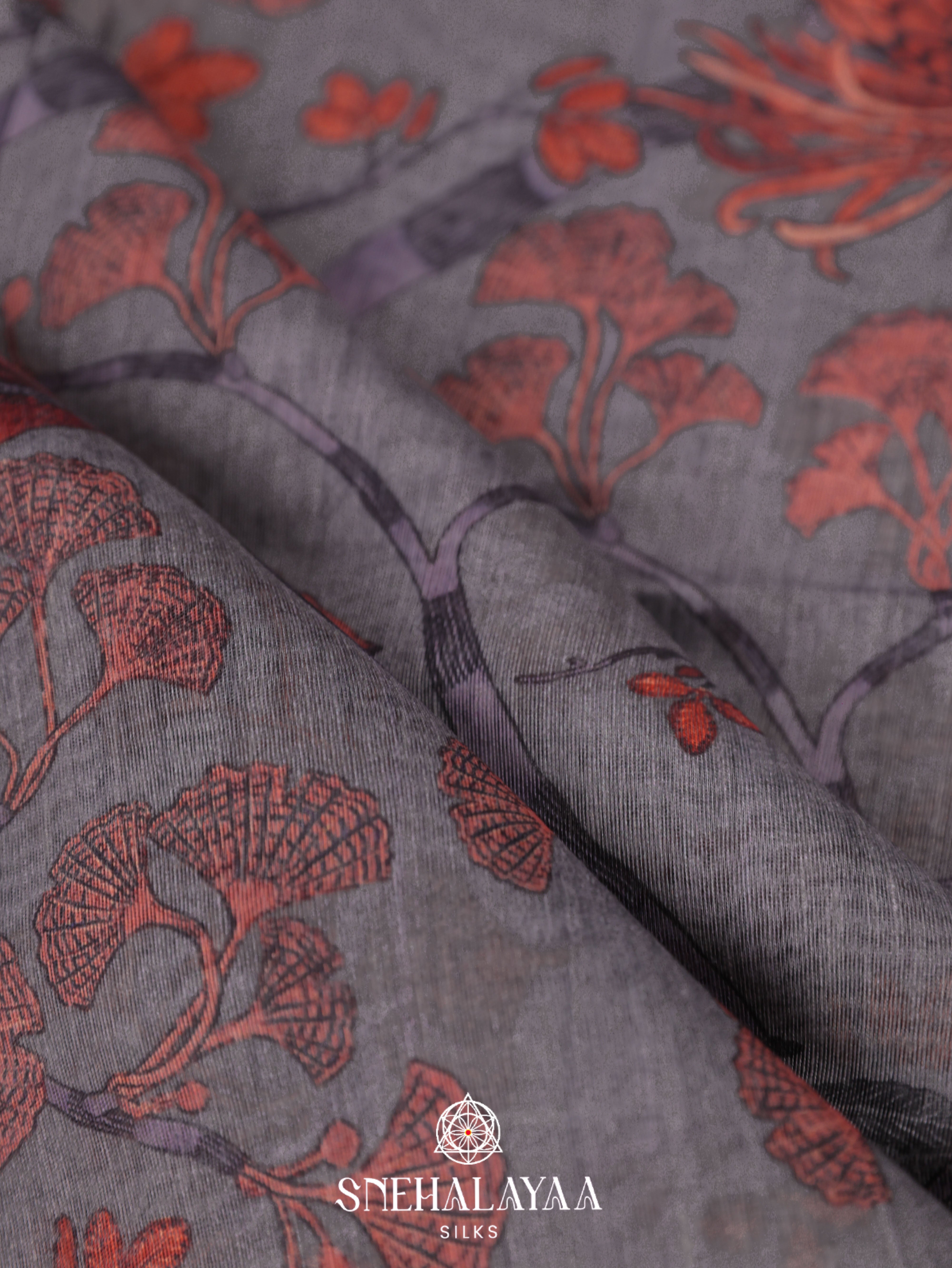 Grey Floral Printed Linen Saree
