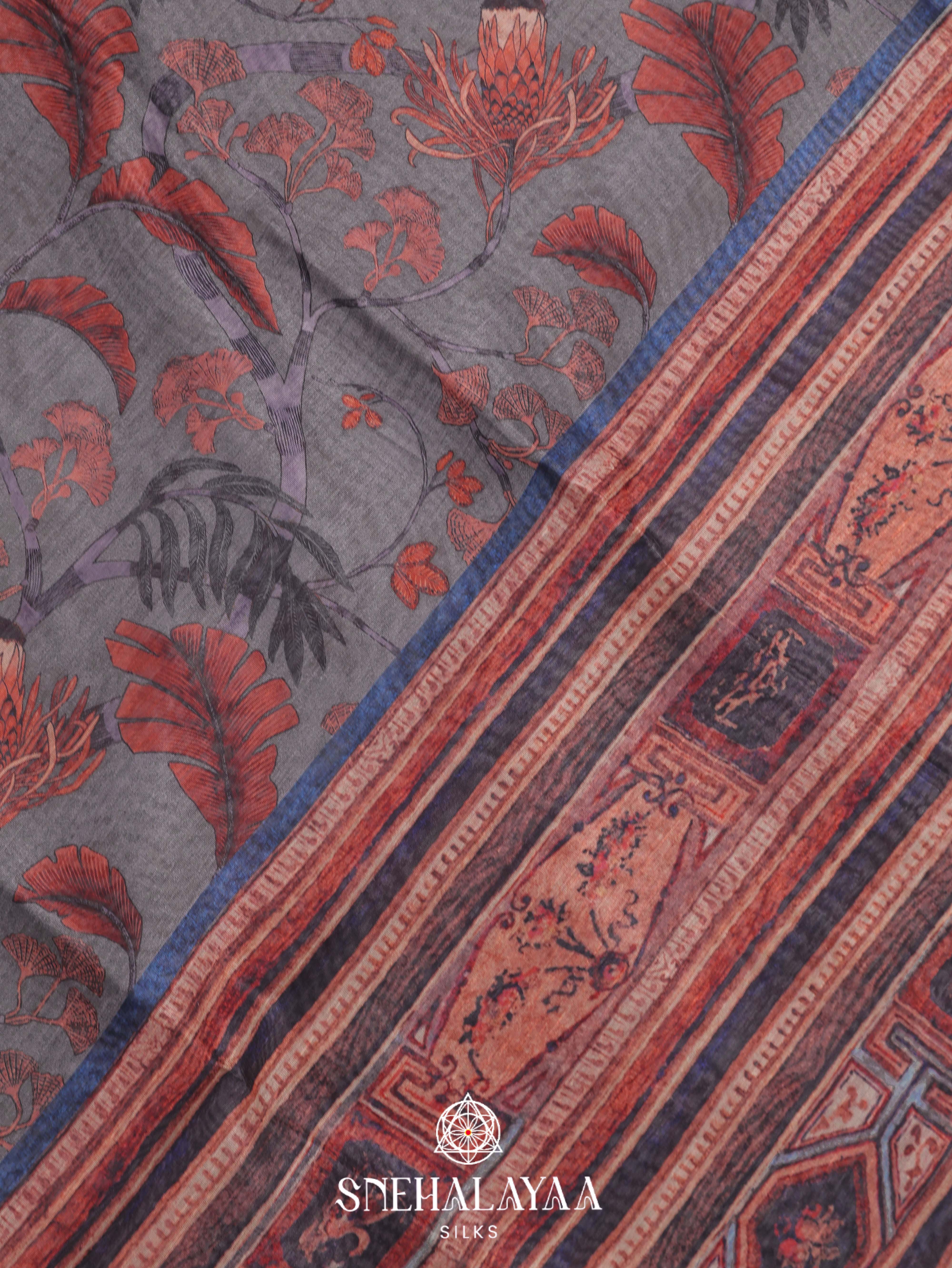 Grey Floral Printed Linen Saree