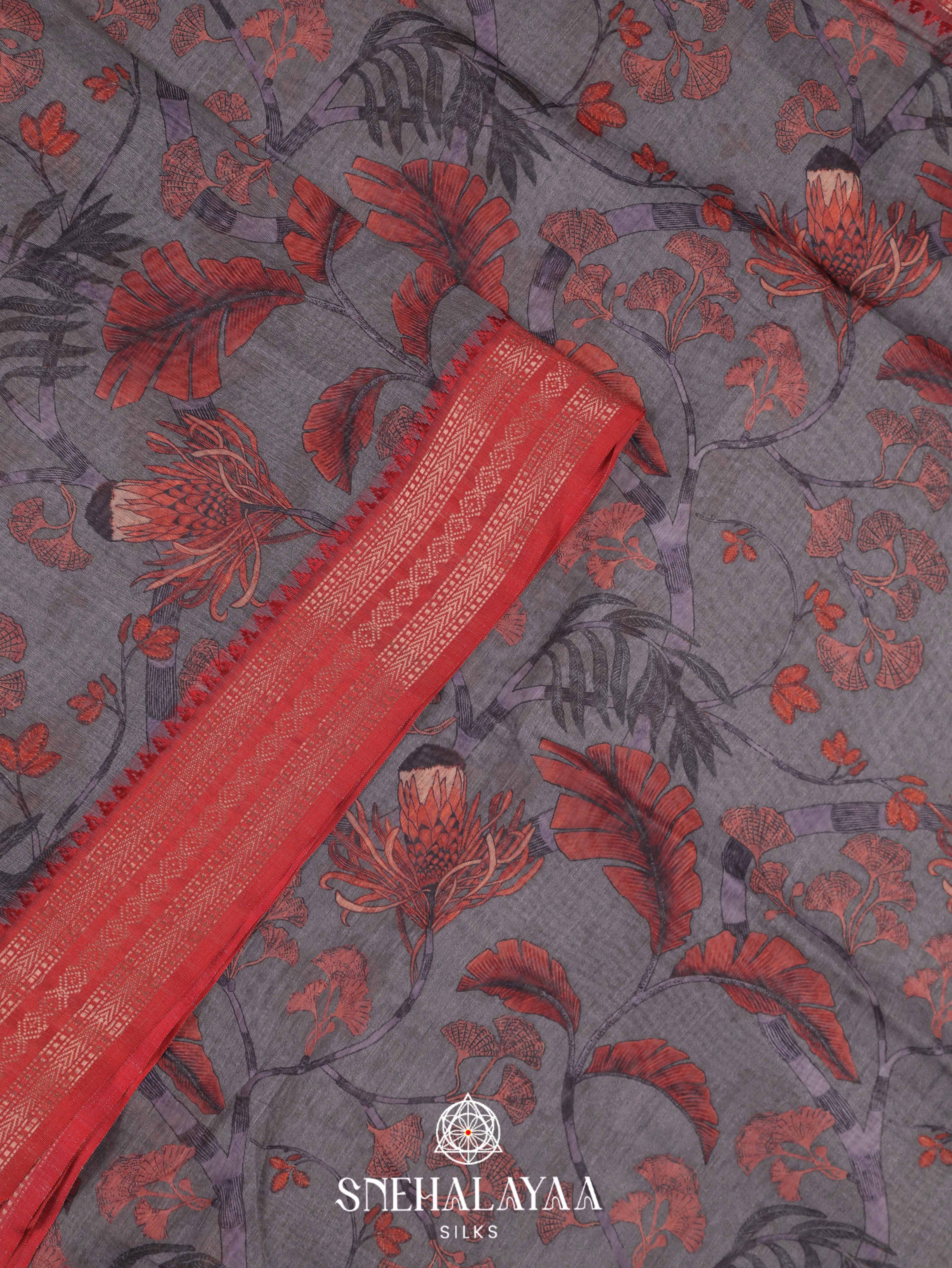 Grey Floral Printed Linen Saree