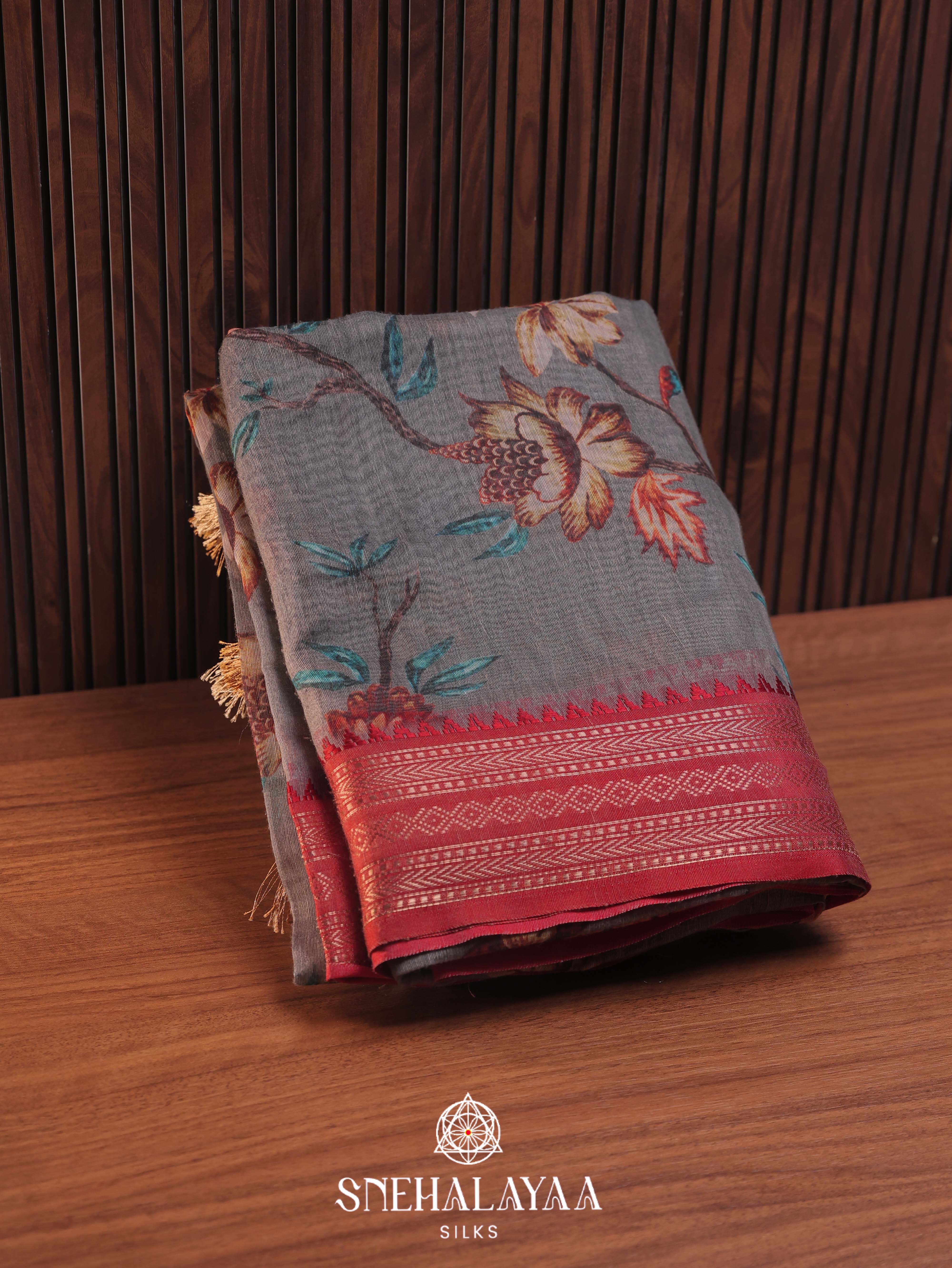 Grey Floral Printed Linen Saree