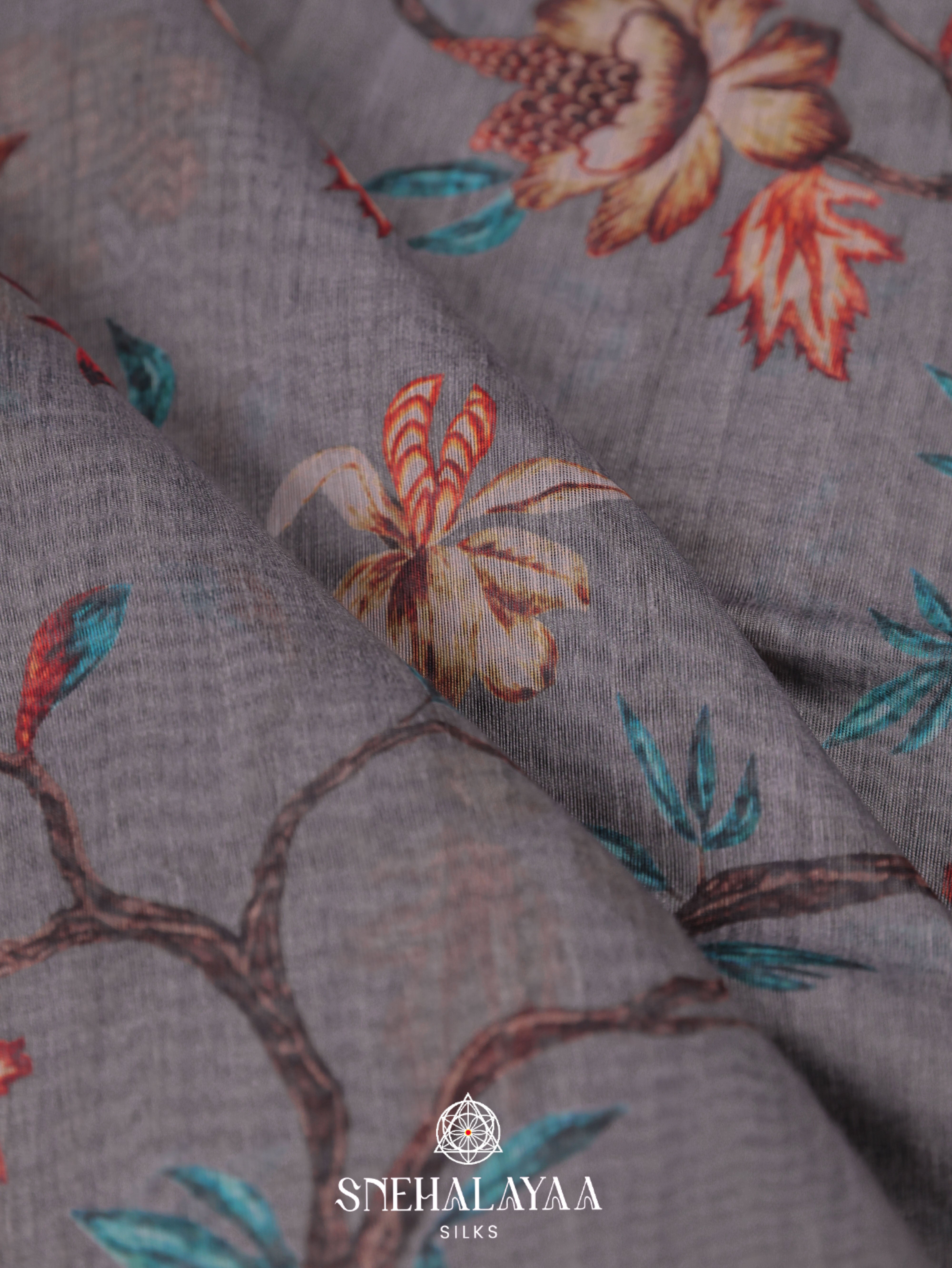 Grey Floral Printed Linen Saree