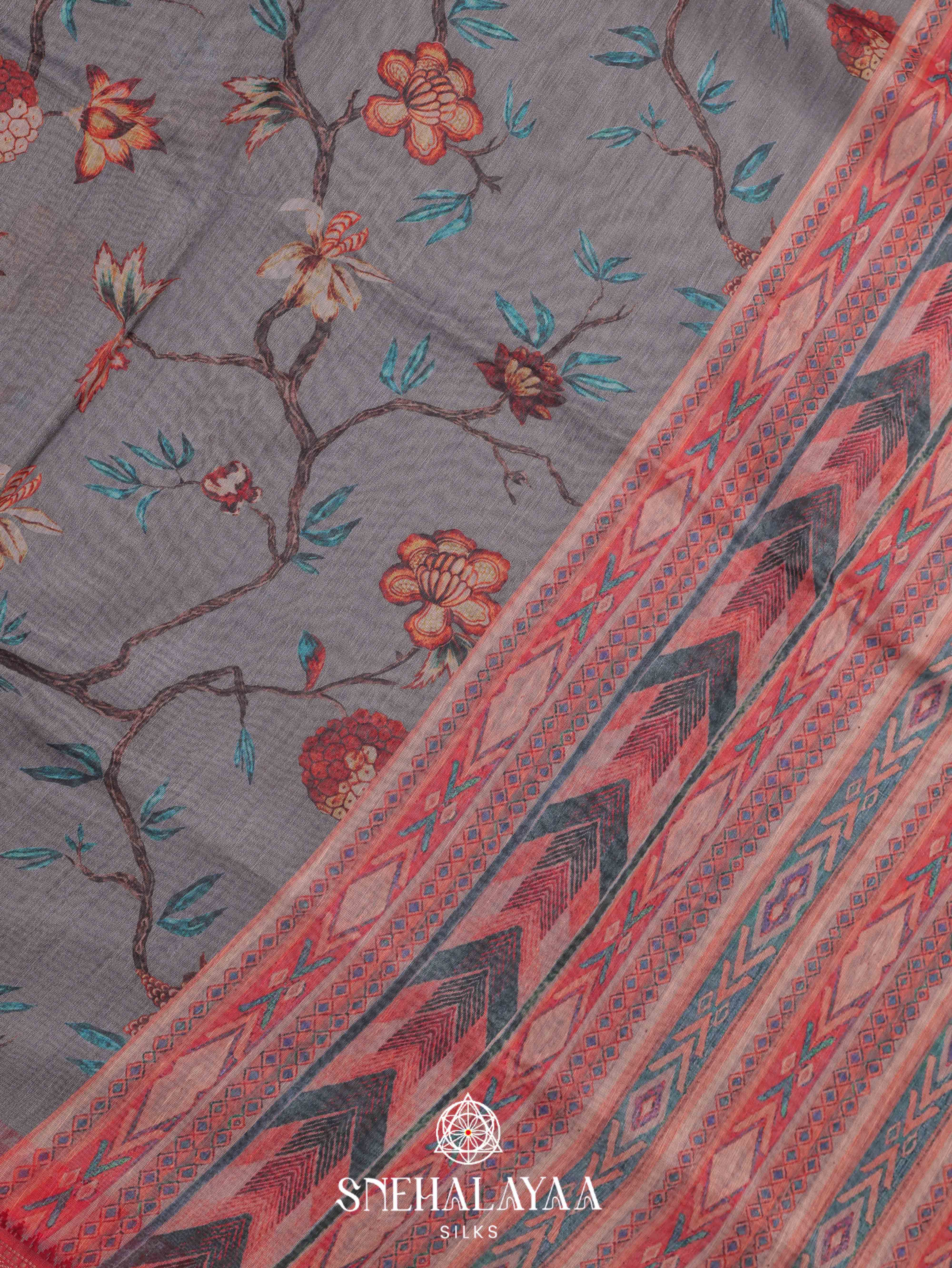 Grey Floral Printed Linen Saree