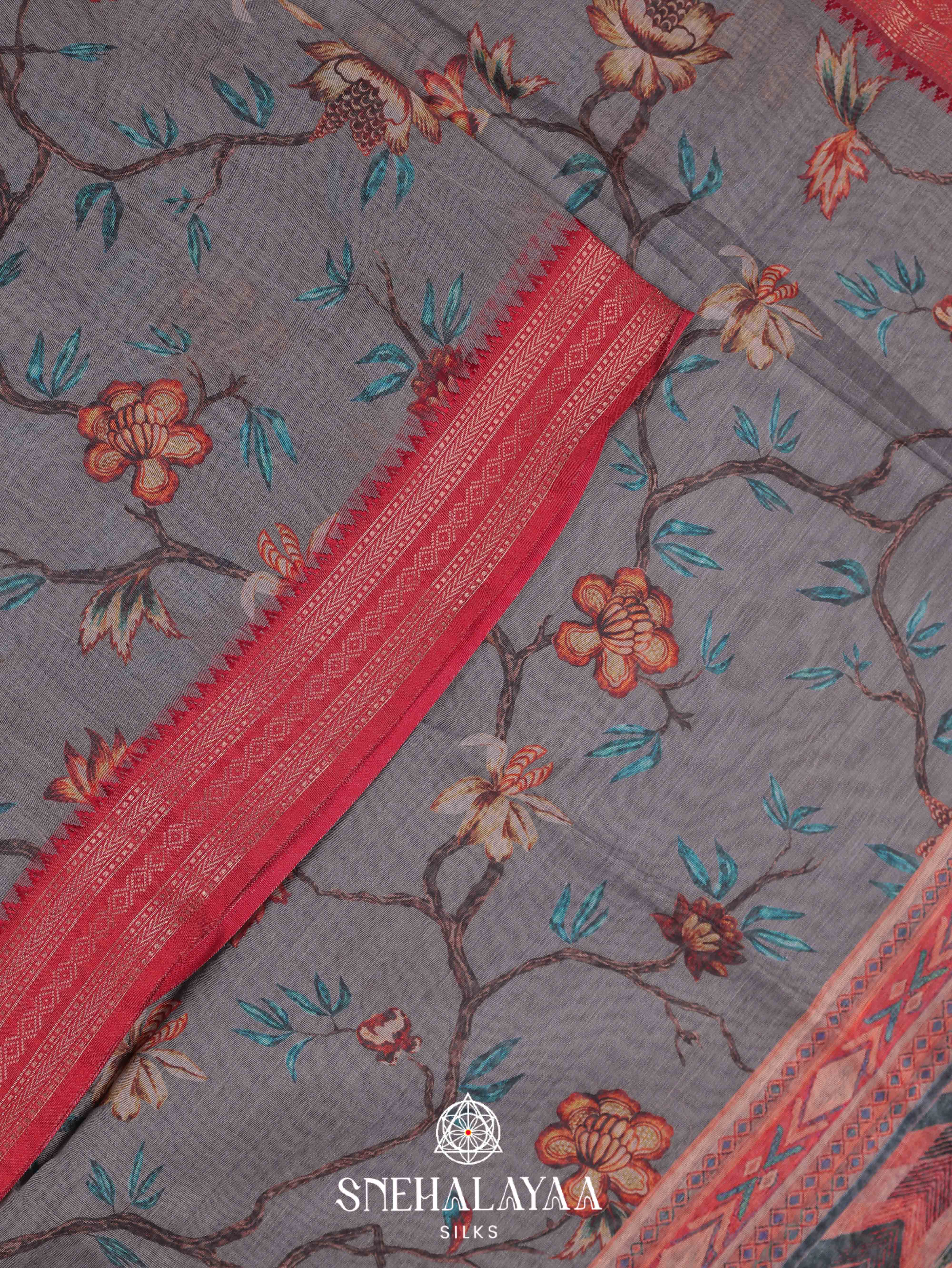Grey Floral Printed Linen Saree