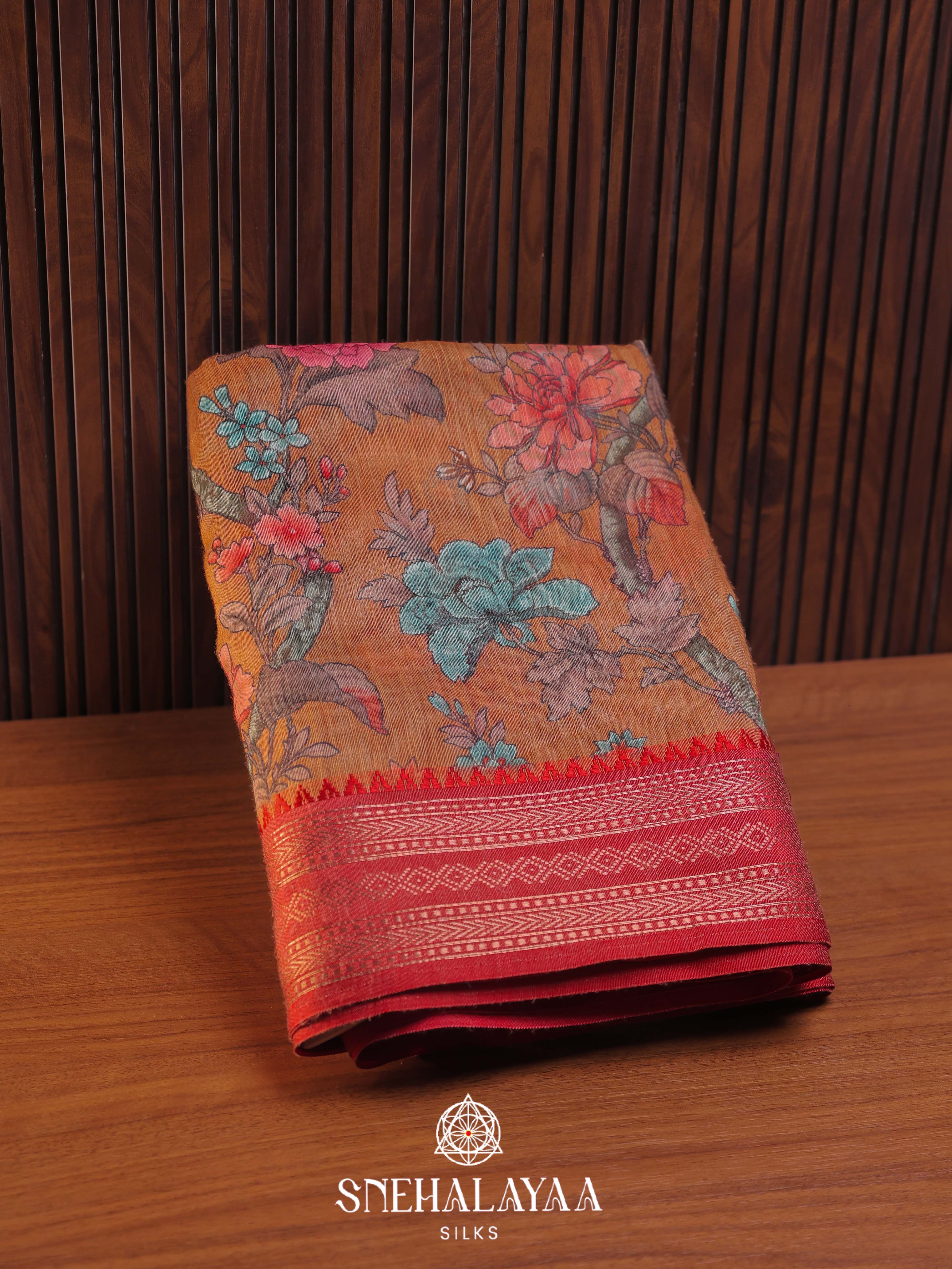 Mustard Floral Printed Linen Saree
