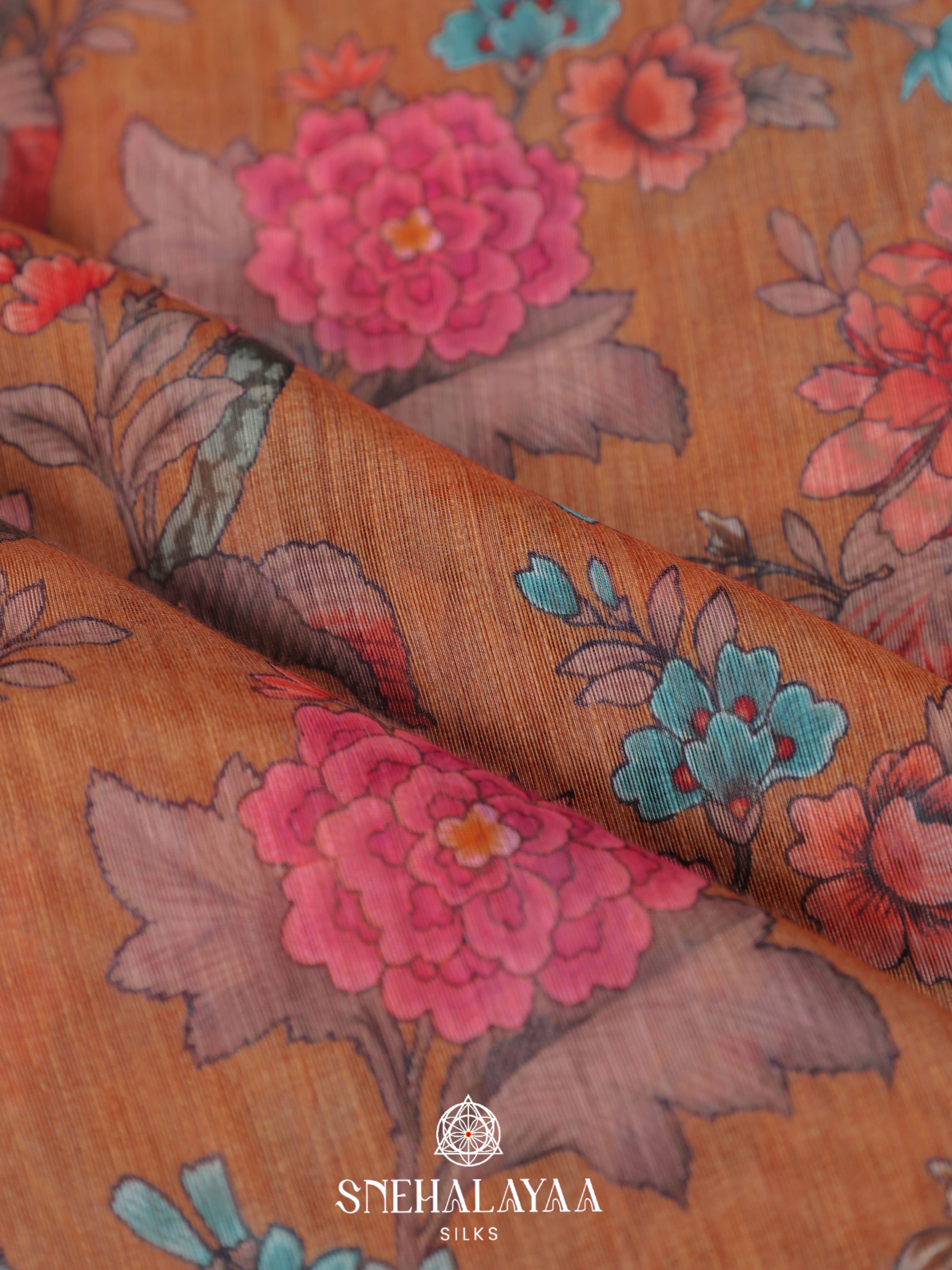 Mustard Floral Printed Linen Saree