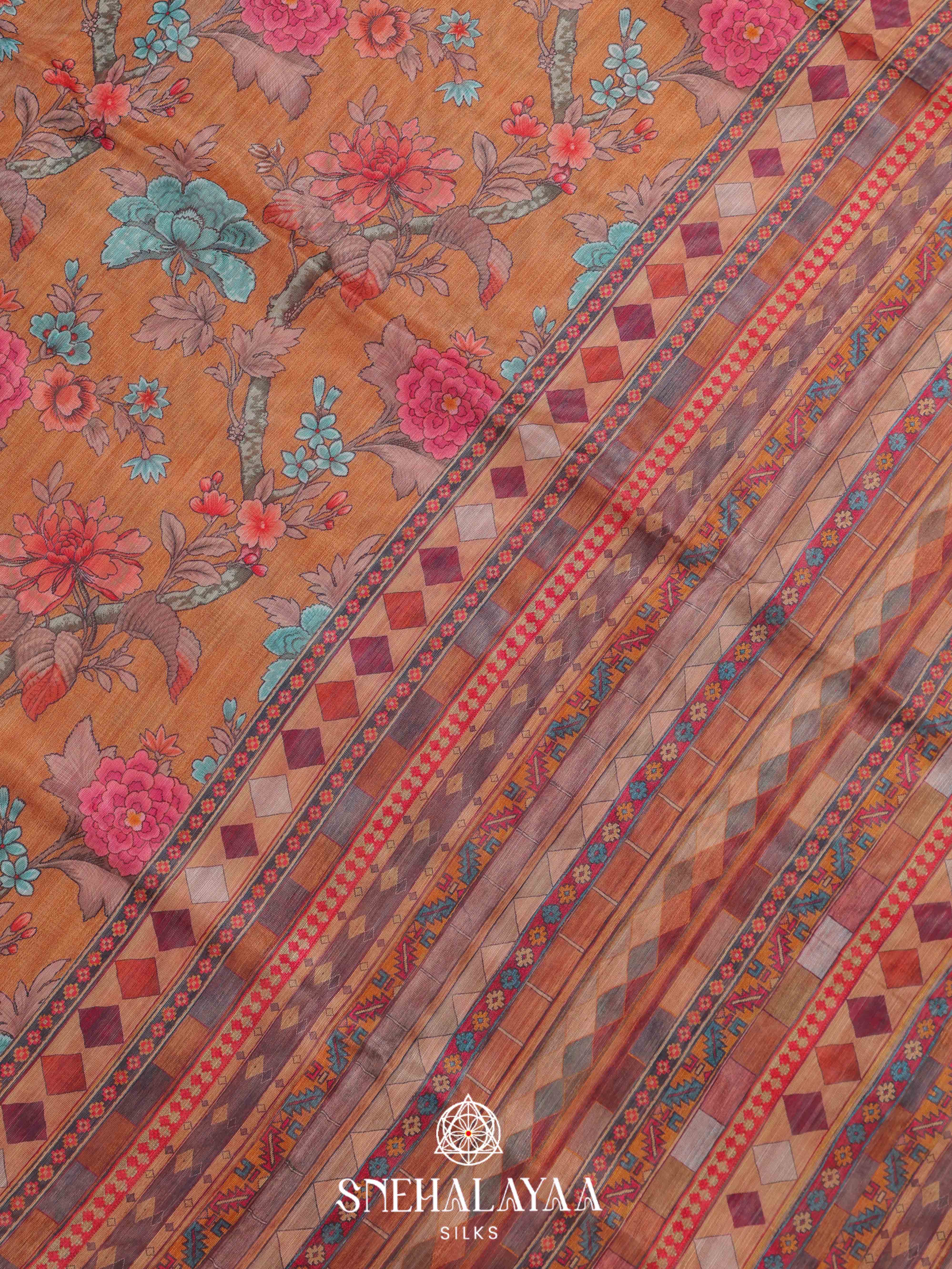 Mustard Floral Printed Linen Saree
