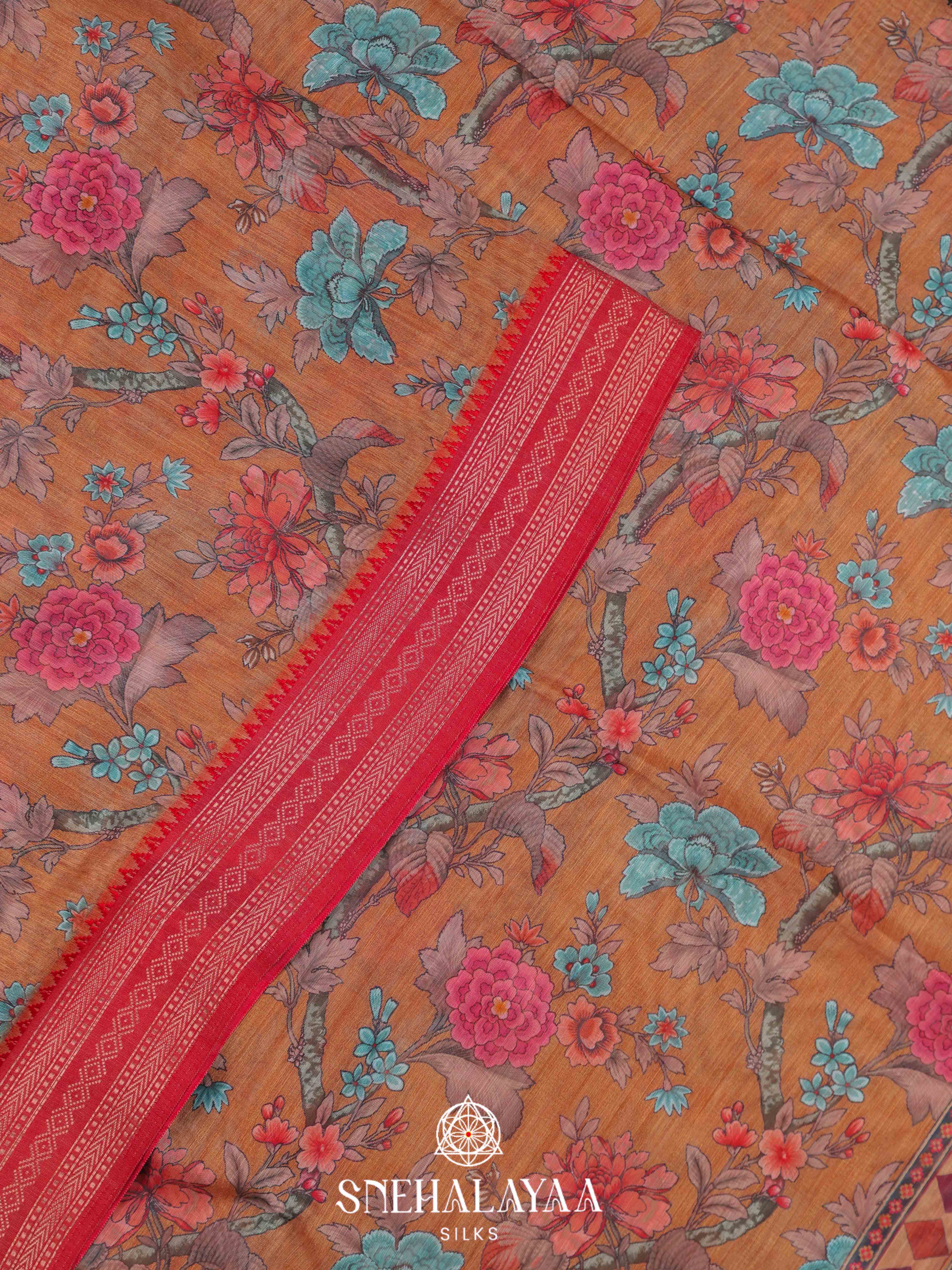 Mustard Floral Printed Linen Saree