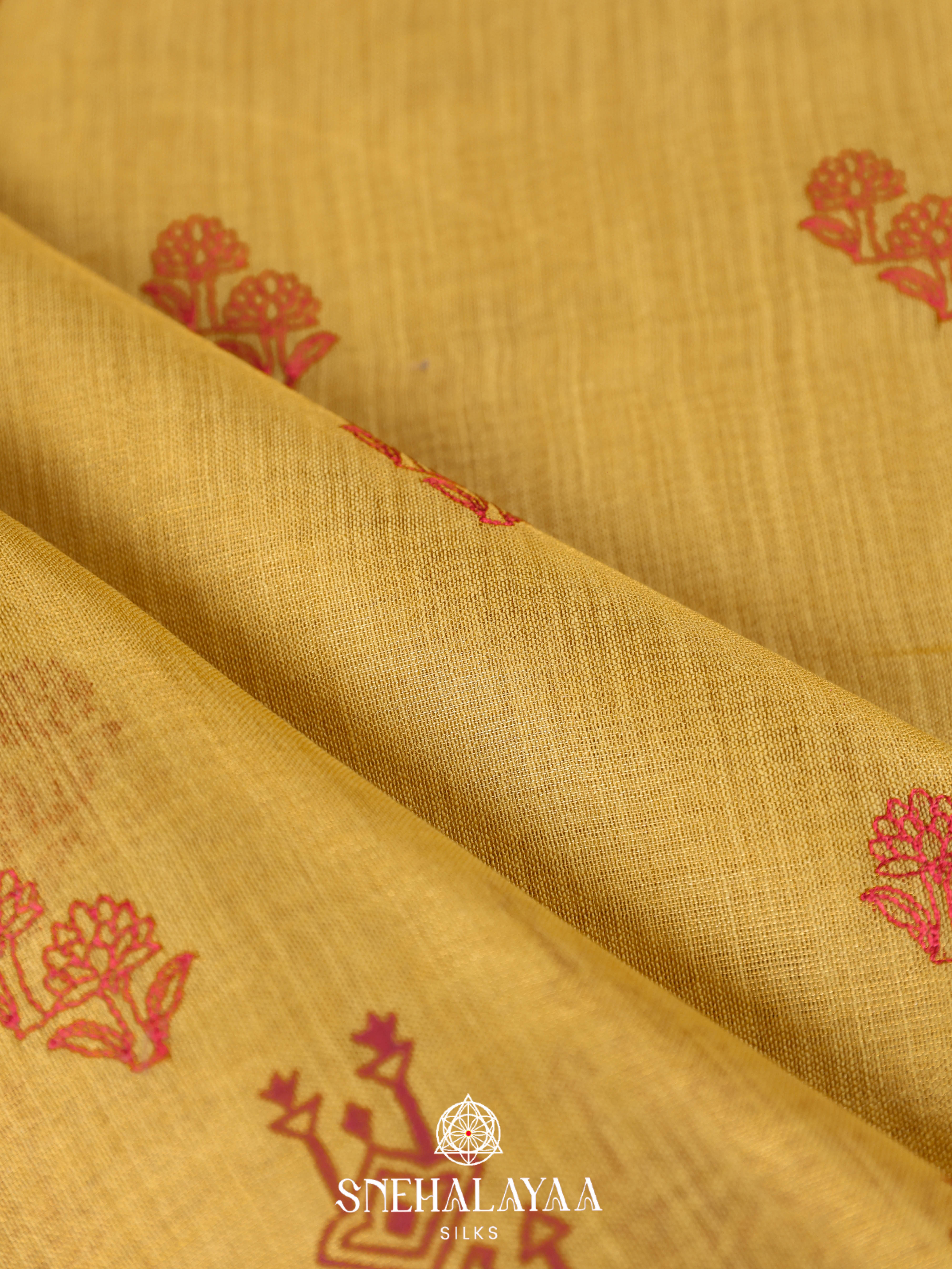Yellow Linen Embroidery Saree
