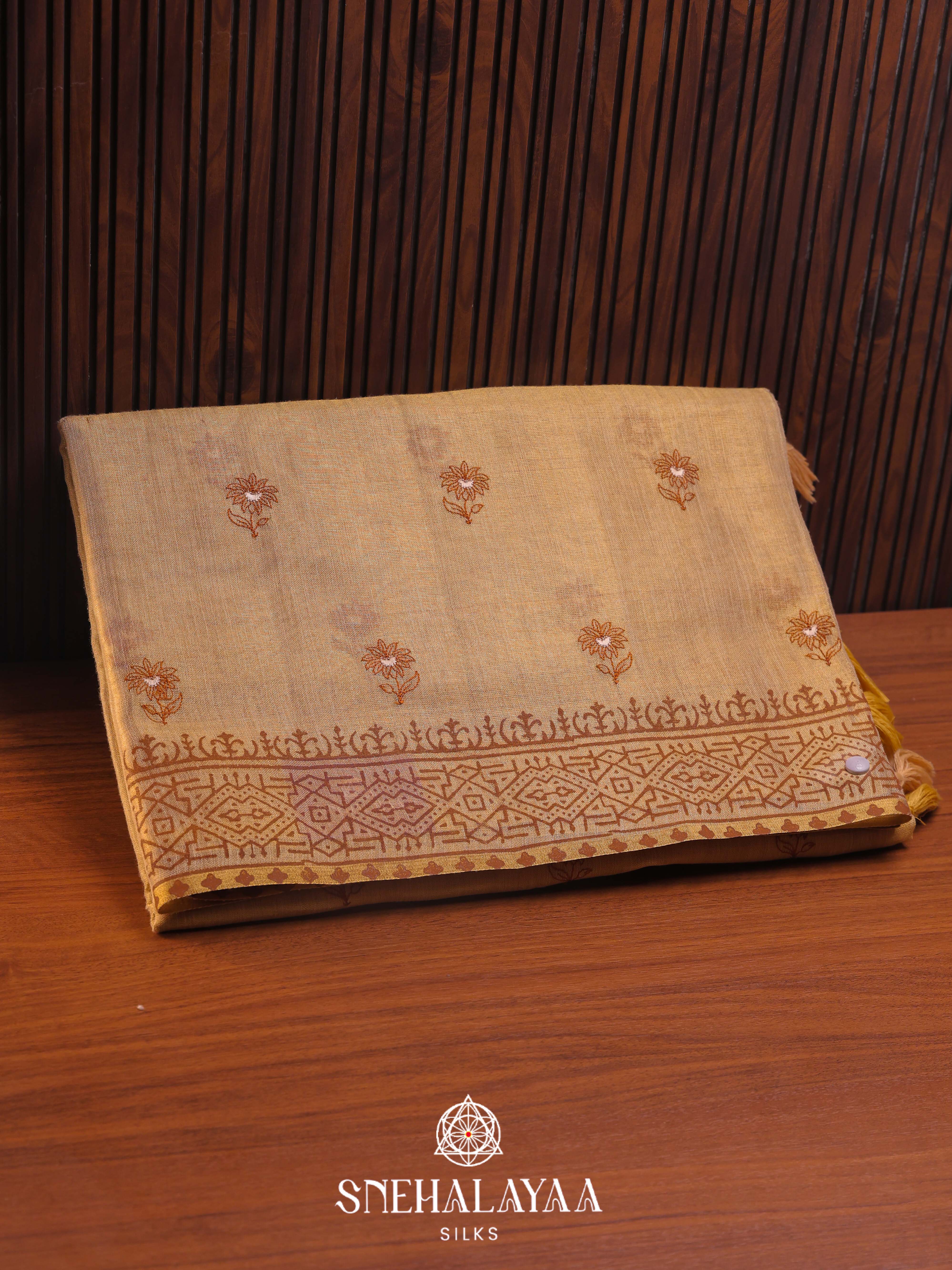Golden Beige Linen Embroidery Saree