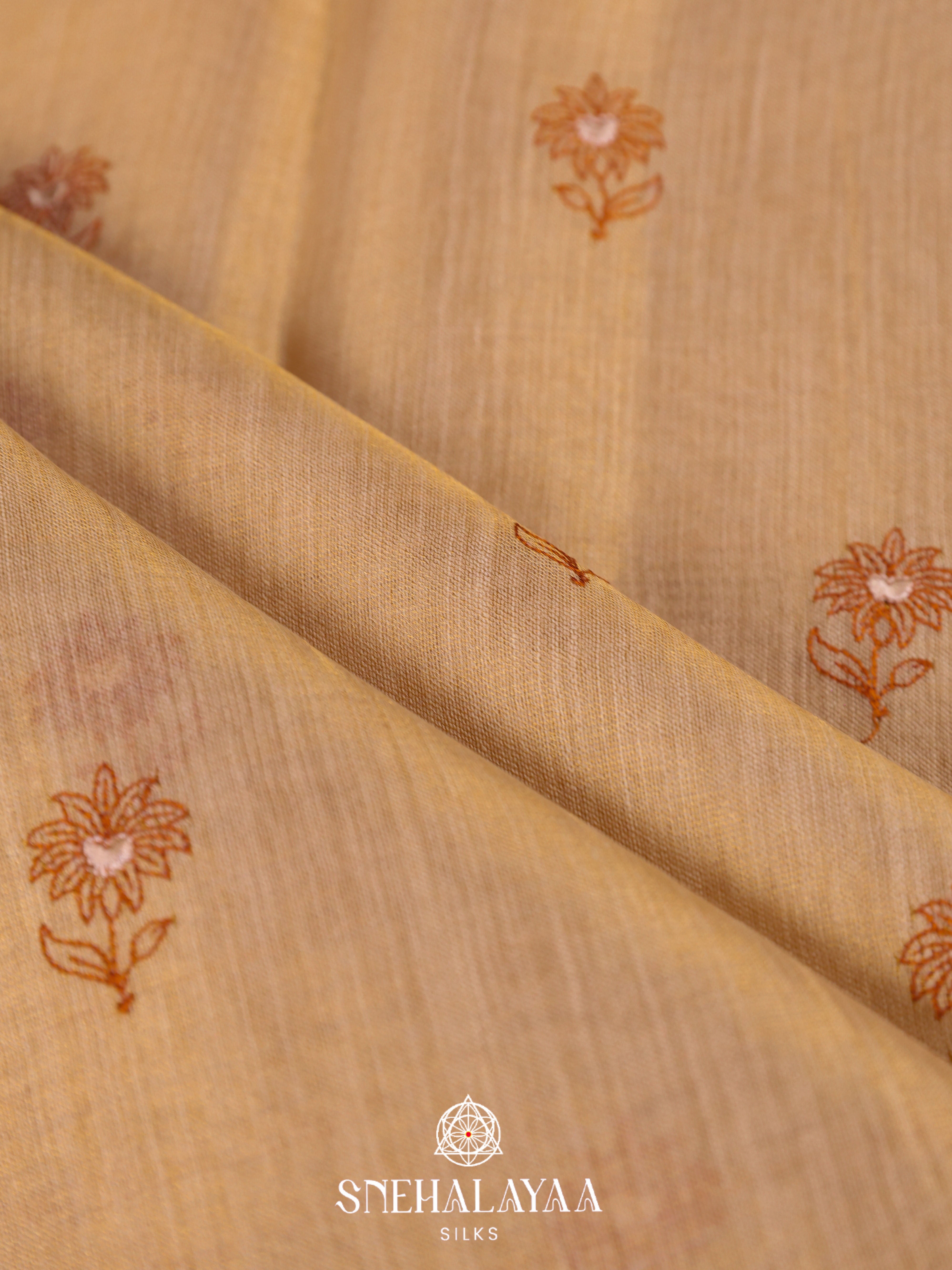 Golden Beige Linen Embroidery Saree