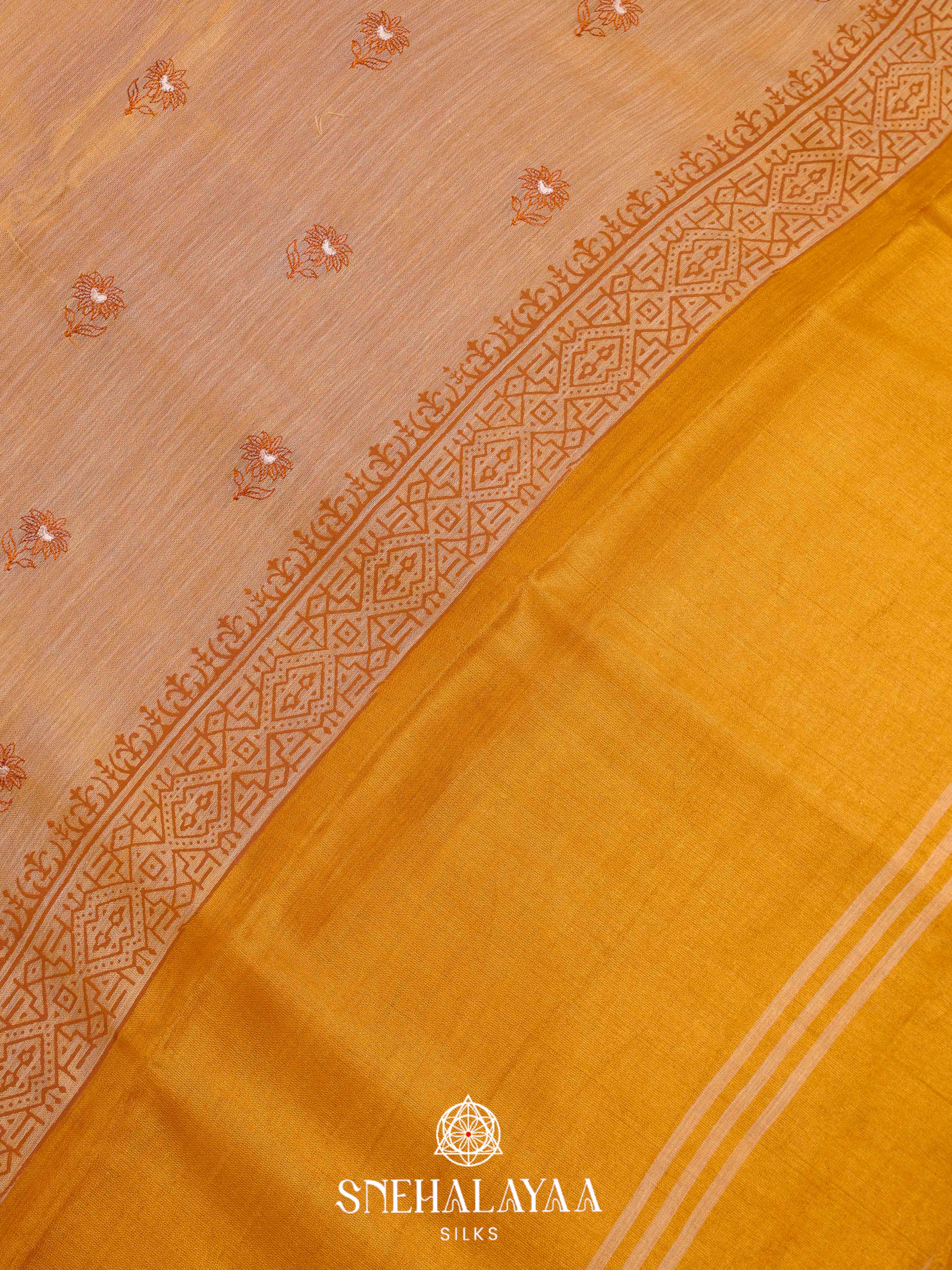 Golden Beige Linen Embroidery Saree