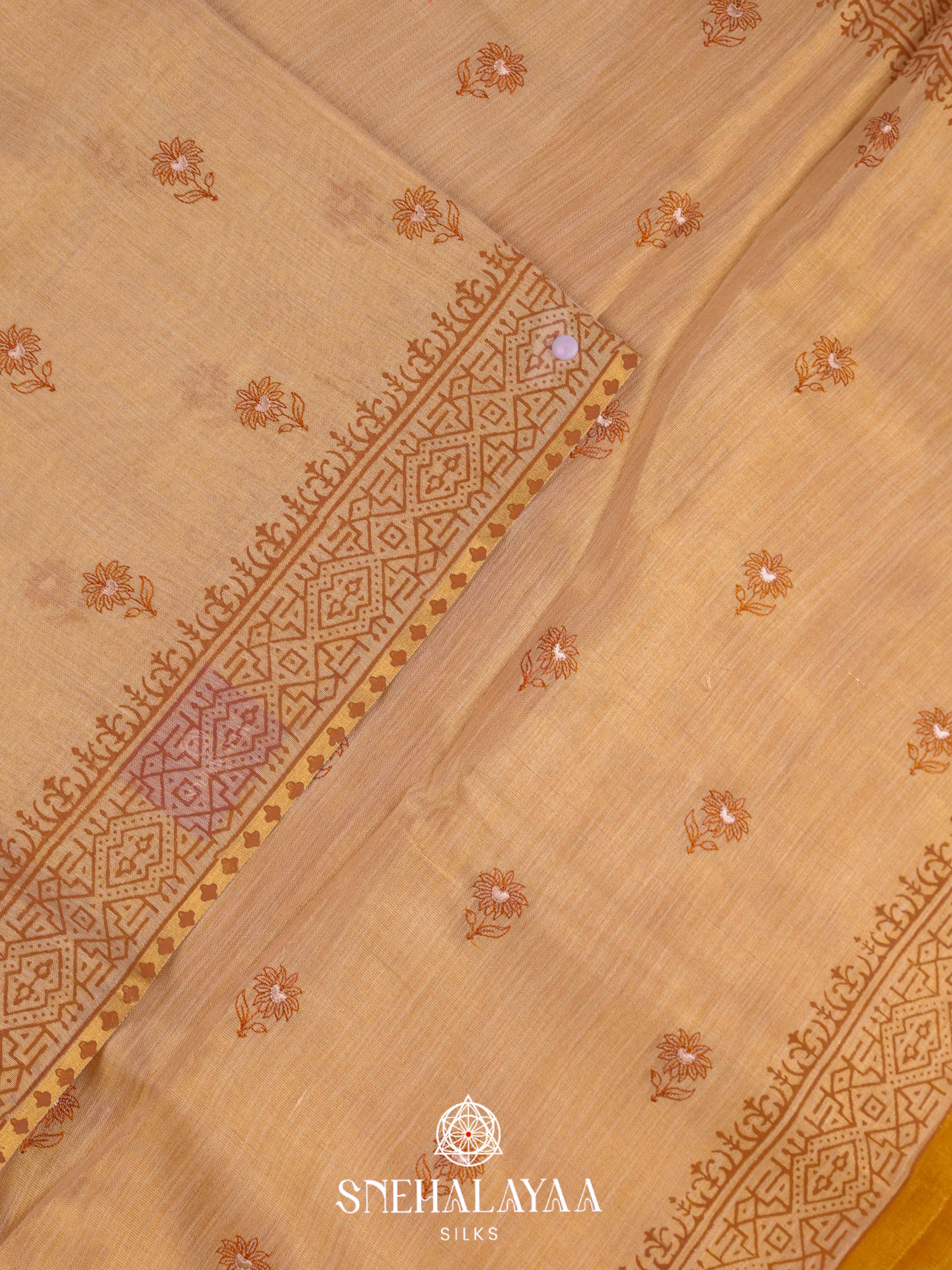 Golden Beige Linen Embroidery Saree