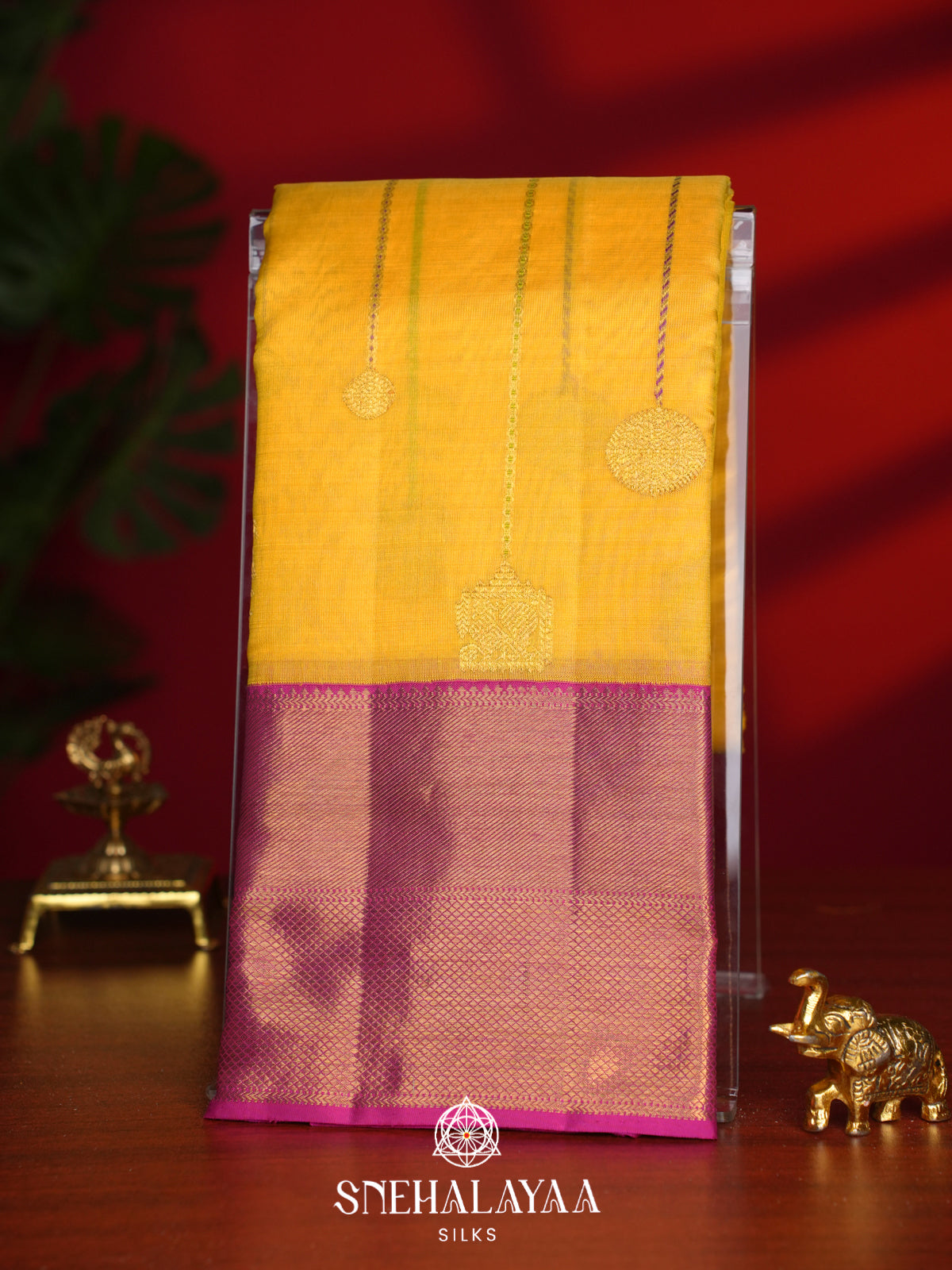 Mustard Yellow Kanchi Kora Silk Saree with Zari Buttas and Magenta Zari Border