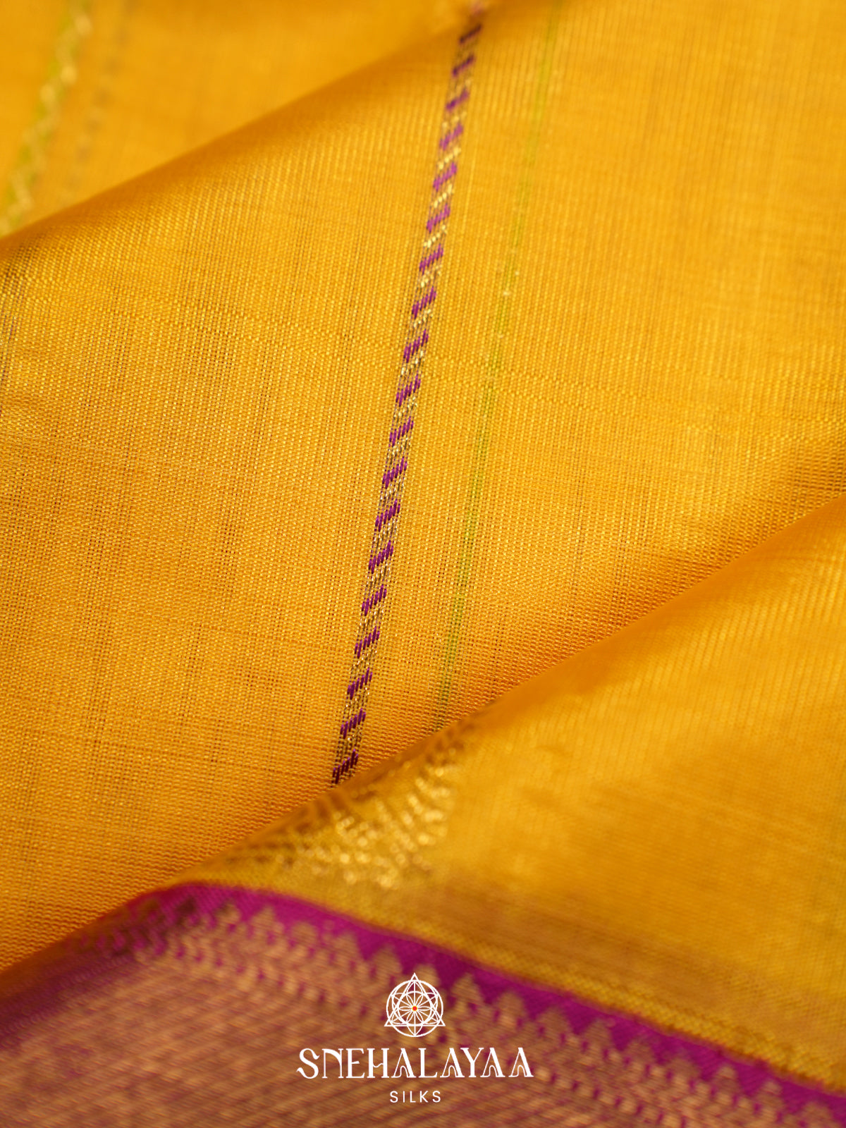 Mustard Yellow Kanchi Kora Silk Saree with Zari Buttas and Magenta Zari Border