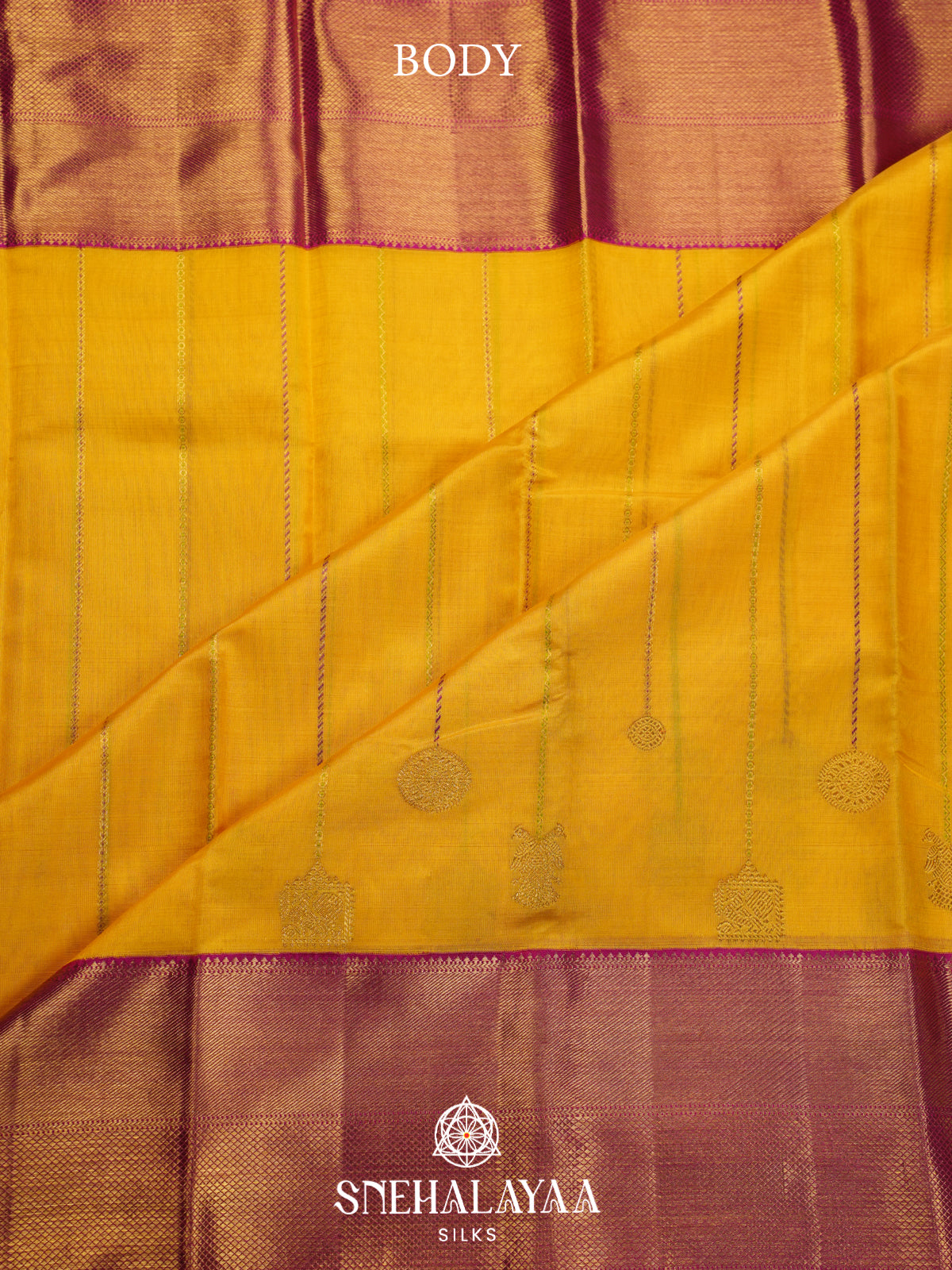Mustard Yellow Kanchi Kora Silk Saree with Zari Buttas and Magenta Zari Border