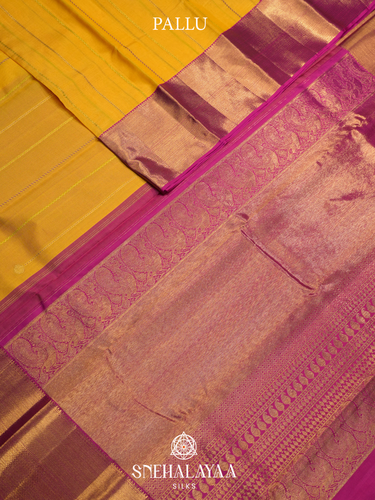 Mustard Yellow Kanchi Kora Silk Saree with Zari Buttas and Magenta Zari Border