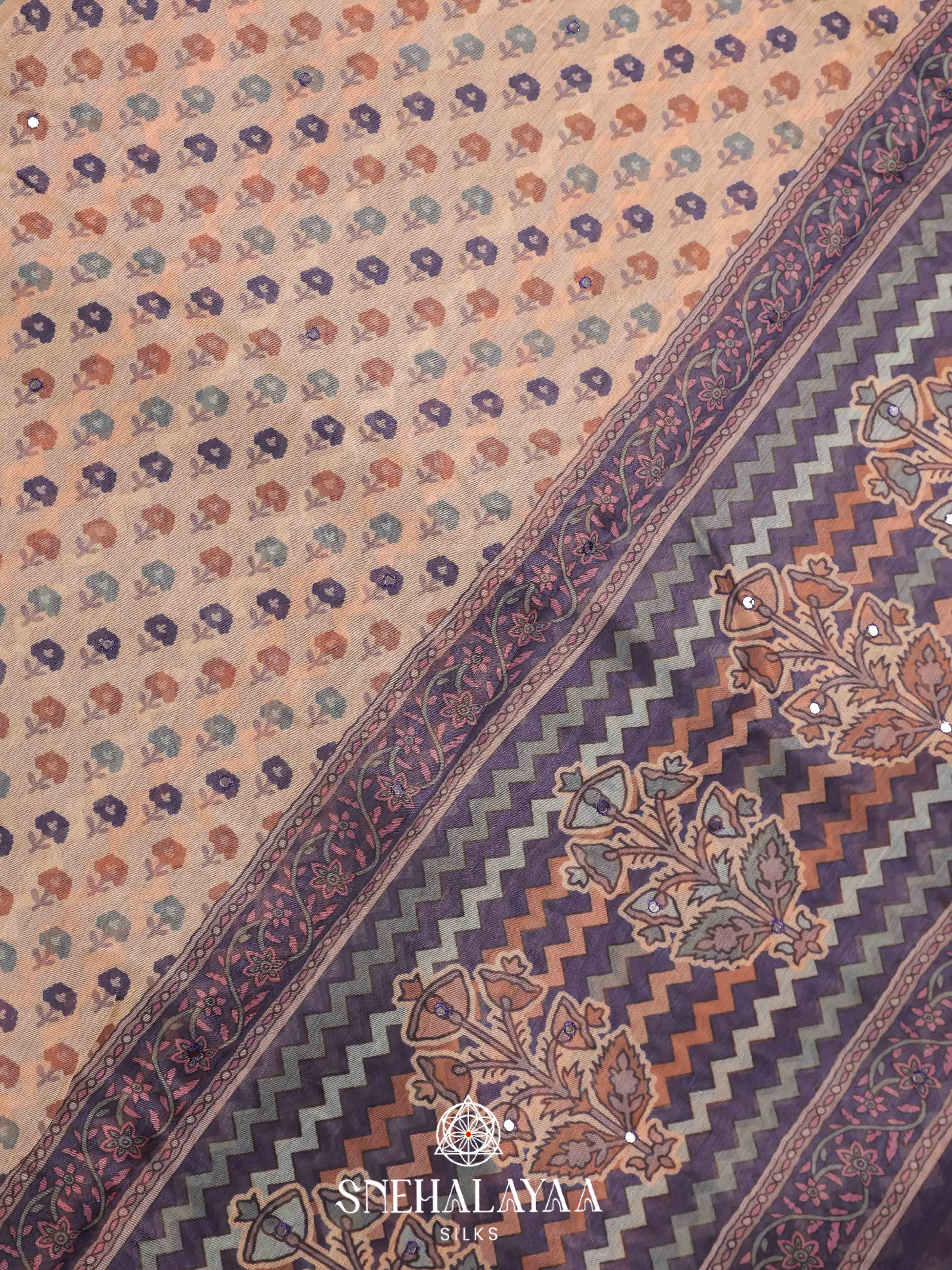 Beige With Purple Border Linen Embroidery Saree