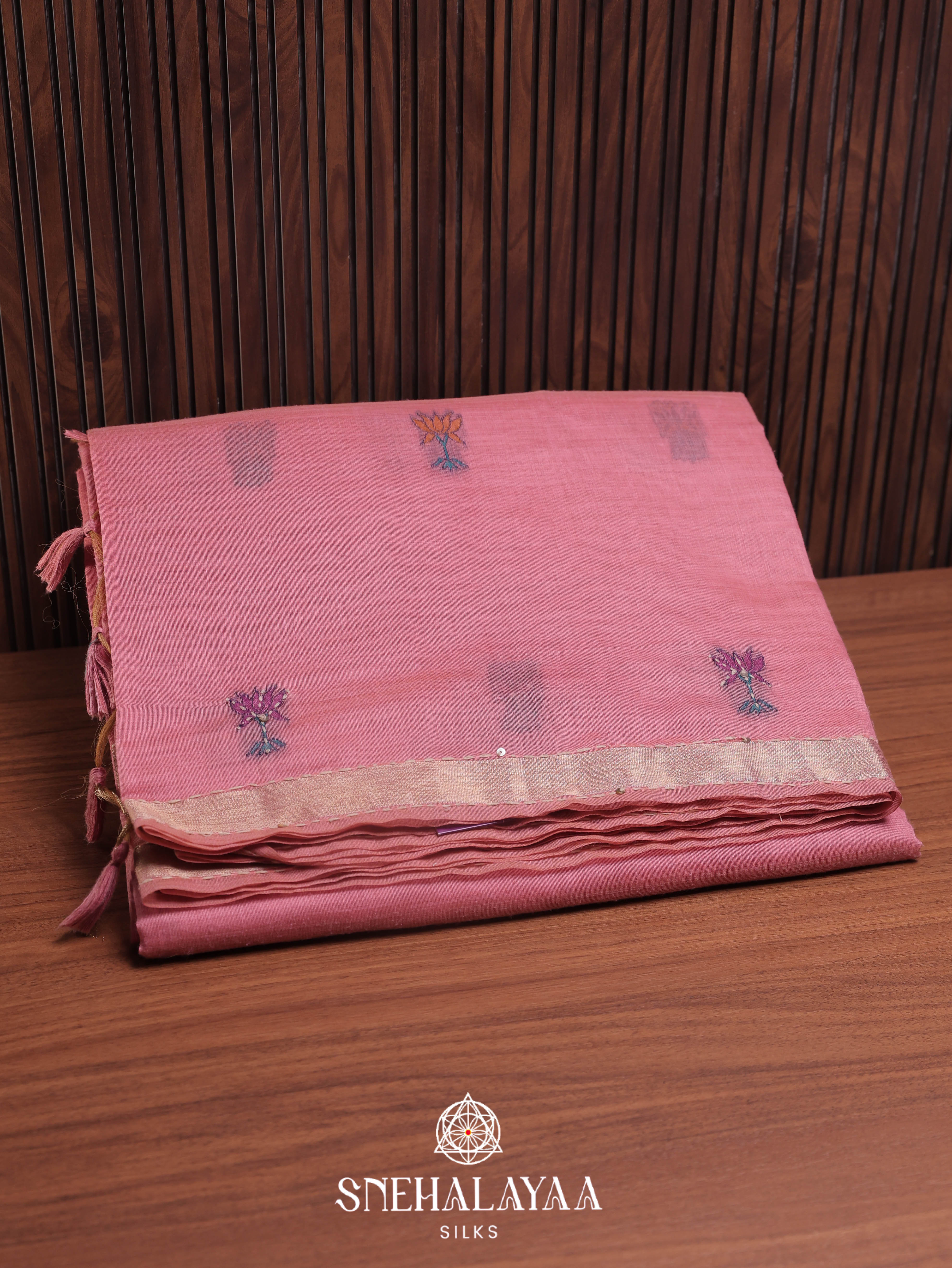 Pink Munga Cotton Embroidery Saree
