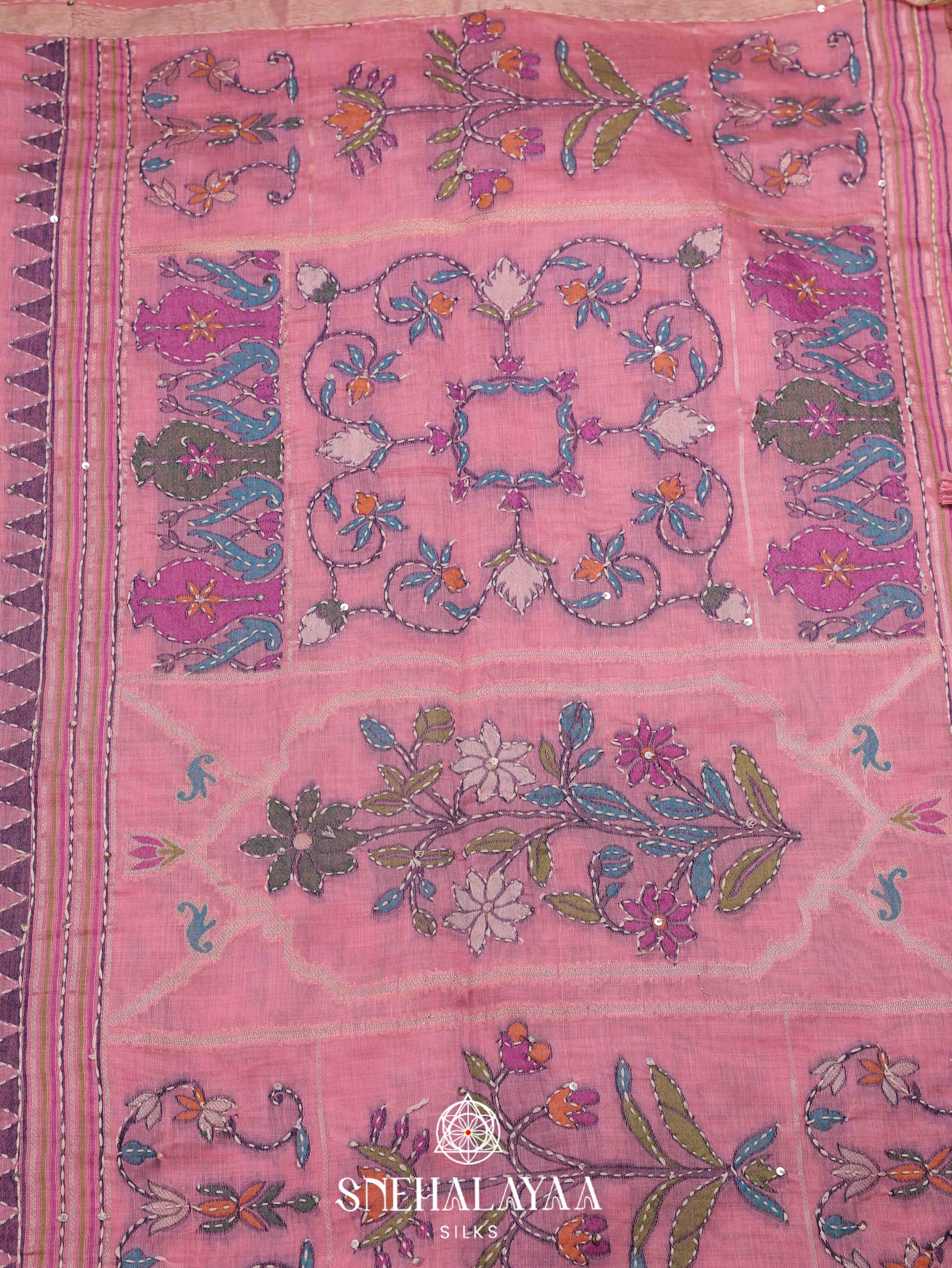 Pink Munga Cotton Embroidery Saree